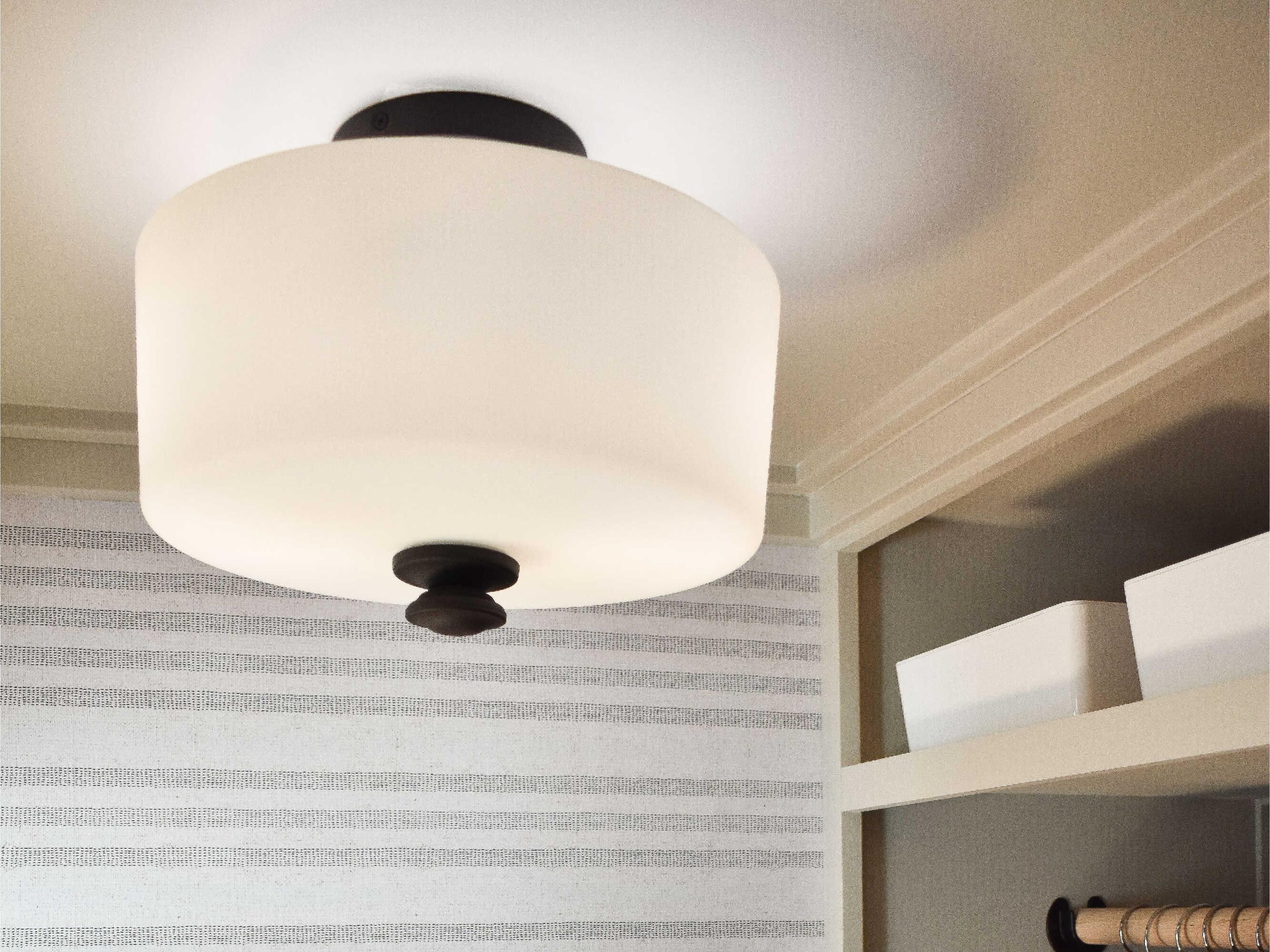 Crystorama Travis 2-Light Black Forged White Glass Drum Semi Flush Mount