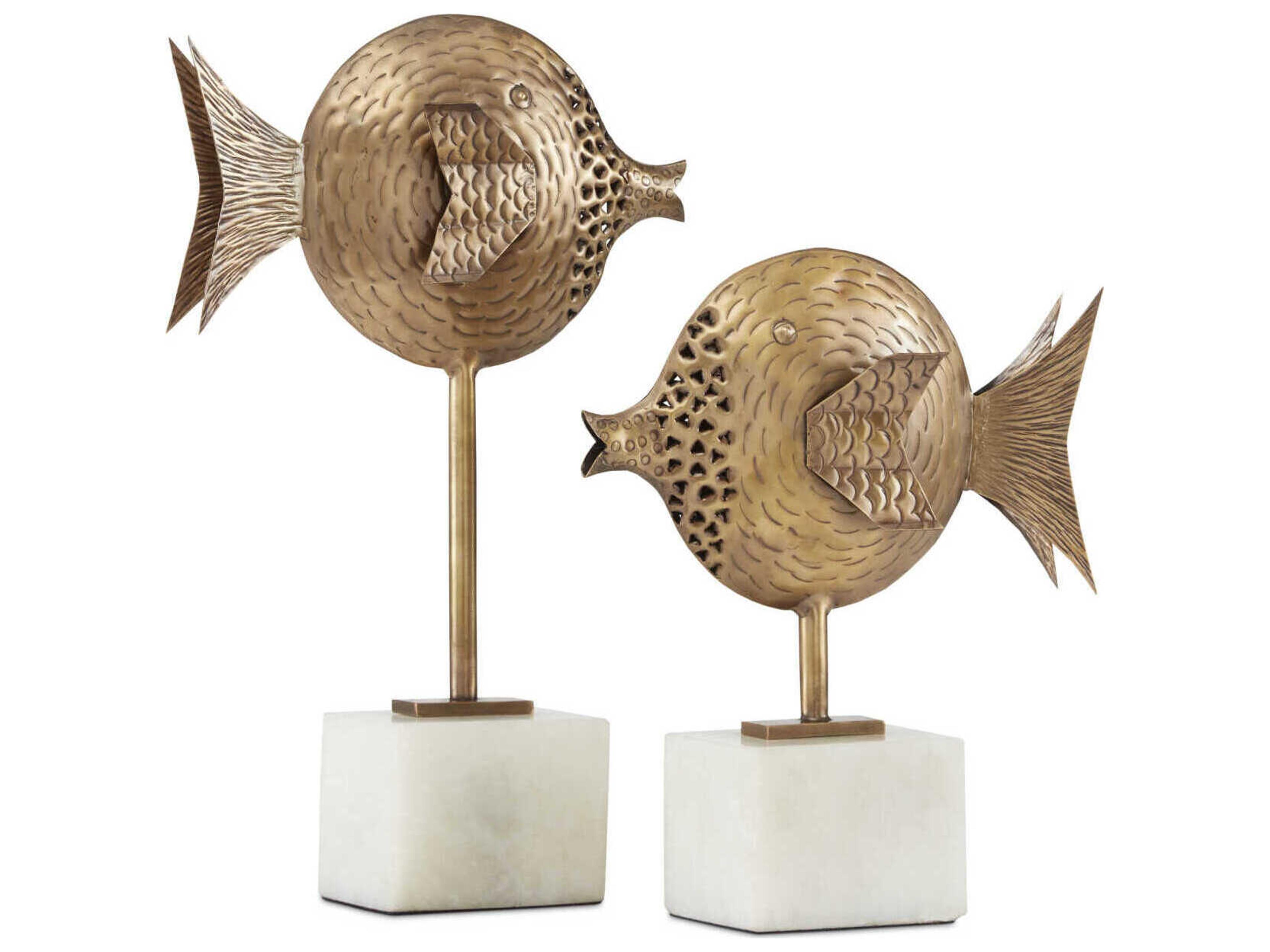 Currey & Company Antique Brass / White Cici Brass Fish Sculpture Set of 2