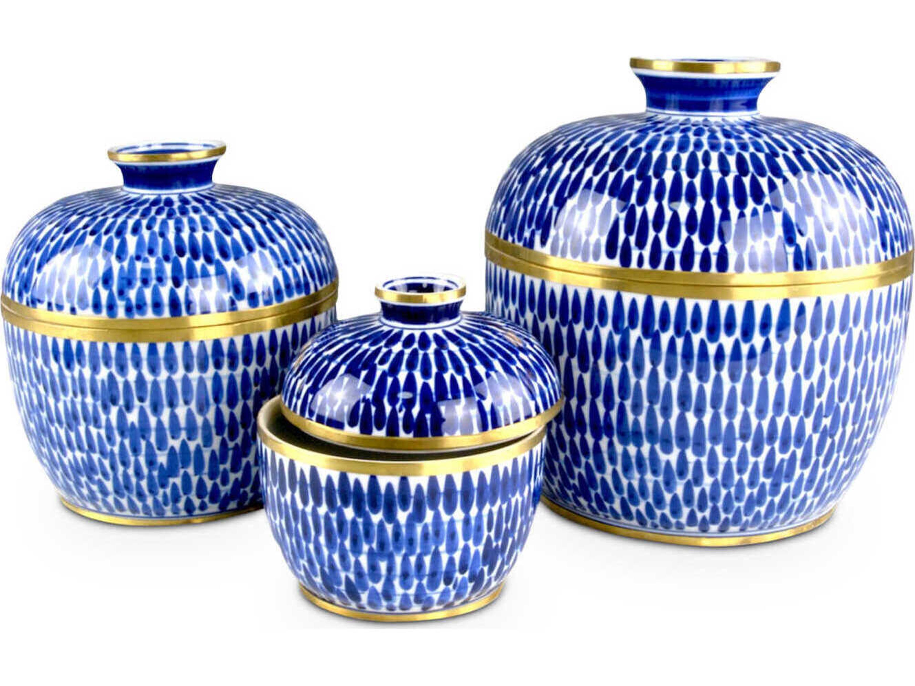 Currey & Company Blue White Brass Plavan Jar Set of 3