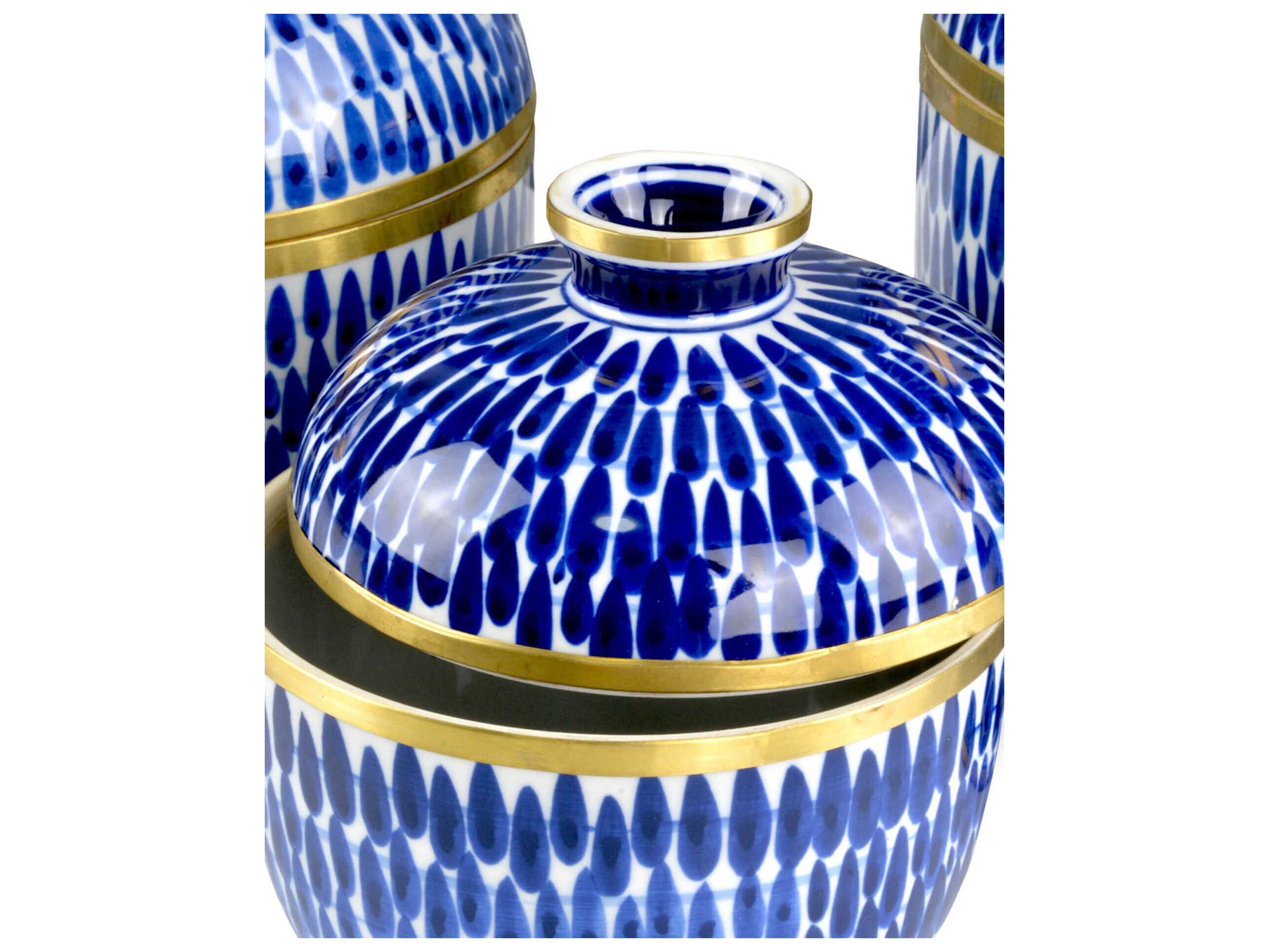 Currey & Company Blue White Brass Plavan Jar Set of 3