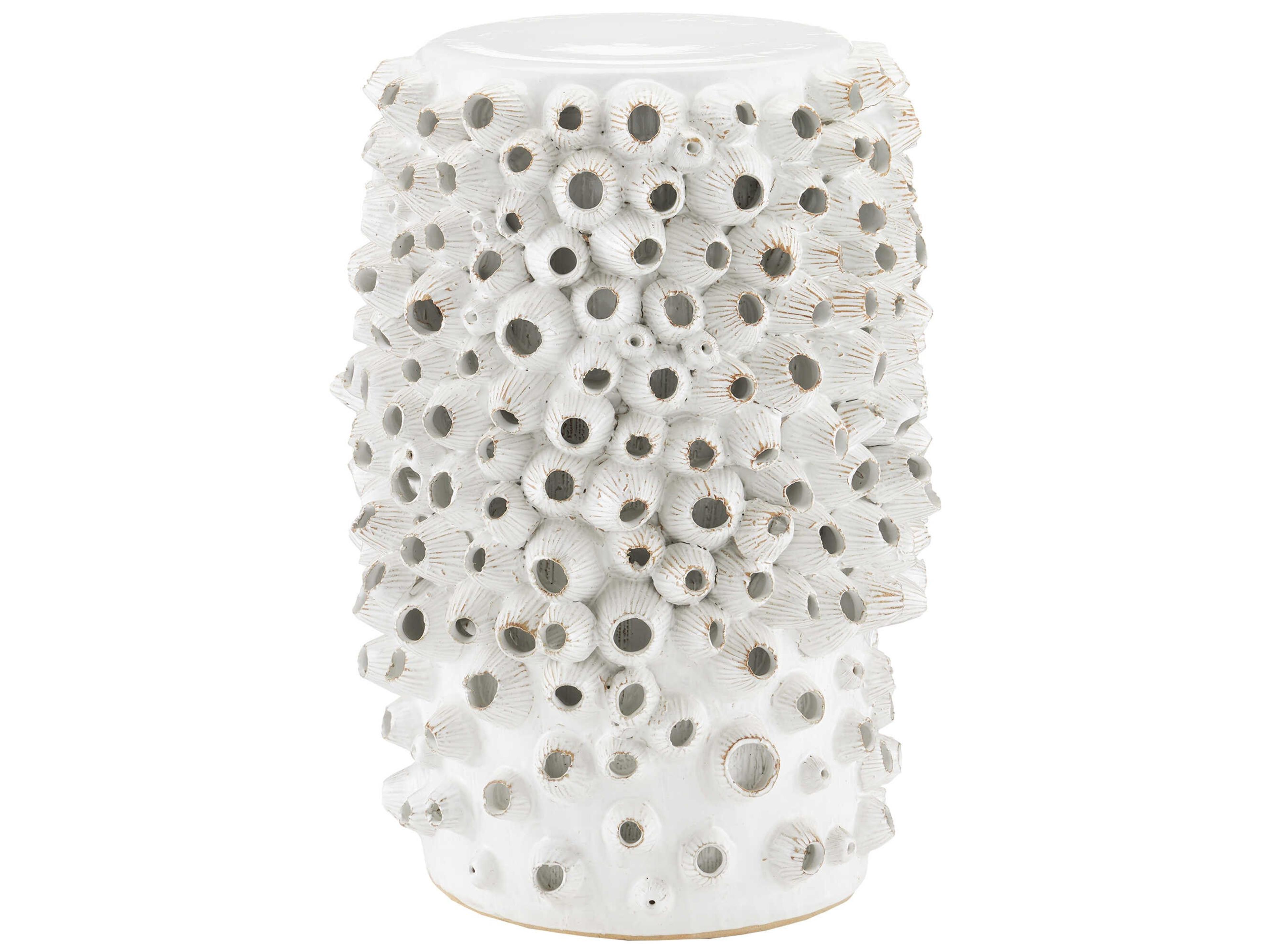 Currey & Company Barnacle Round Ceramic Antique White End Table