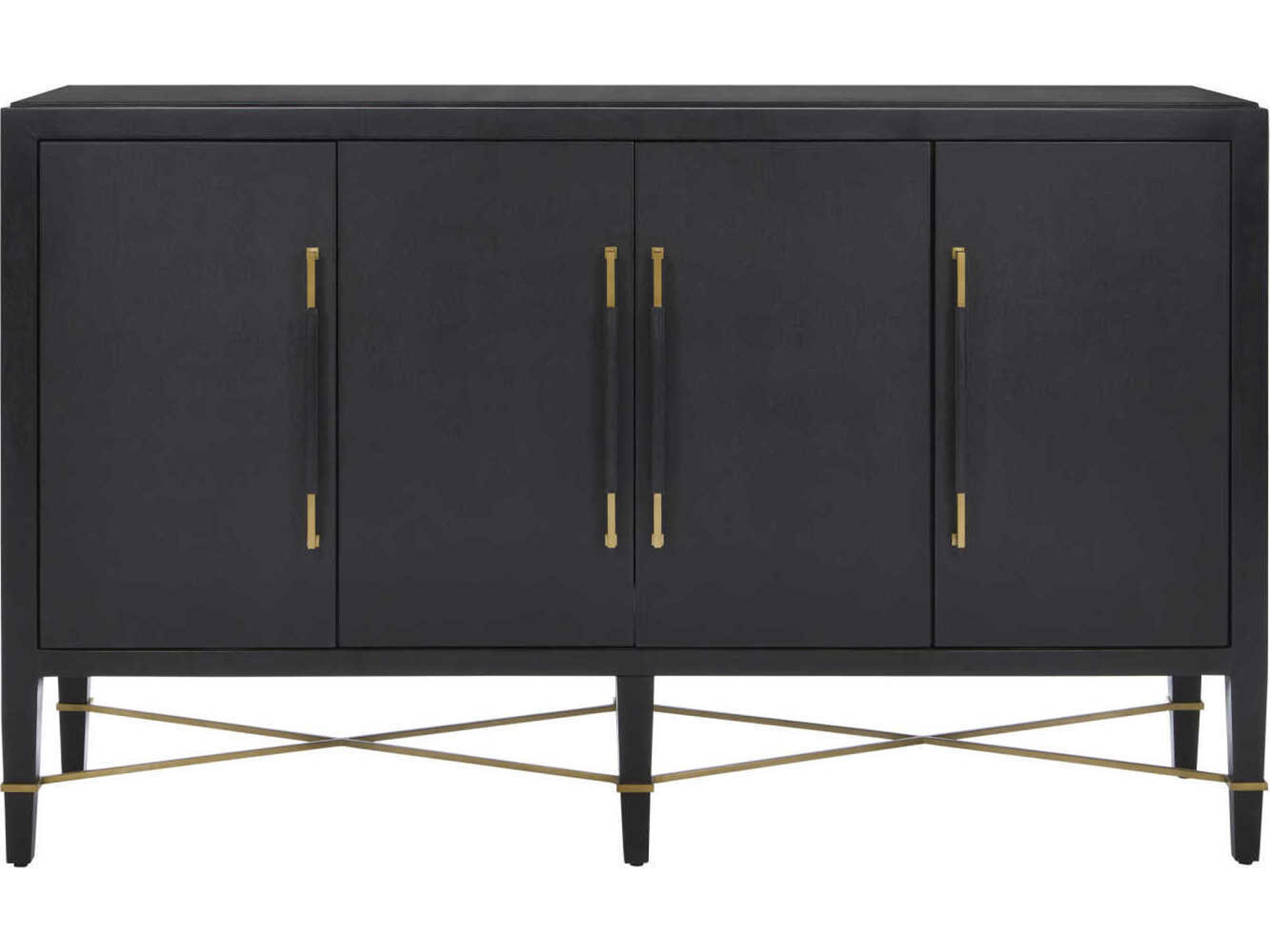 Currey & Company Verona 67" Black Lacquered Linen Champagne Metal Sideboard