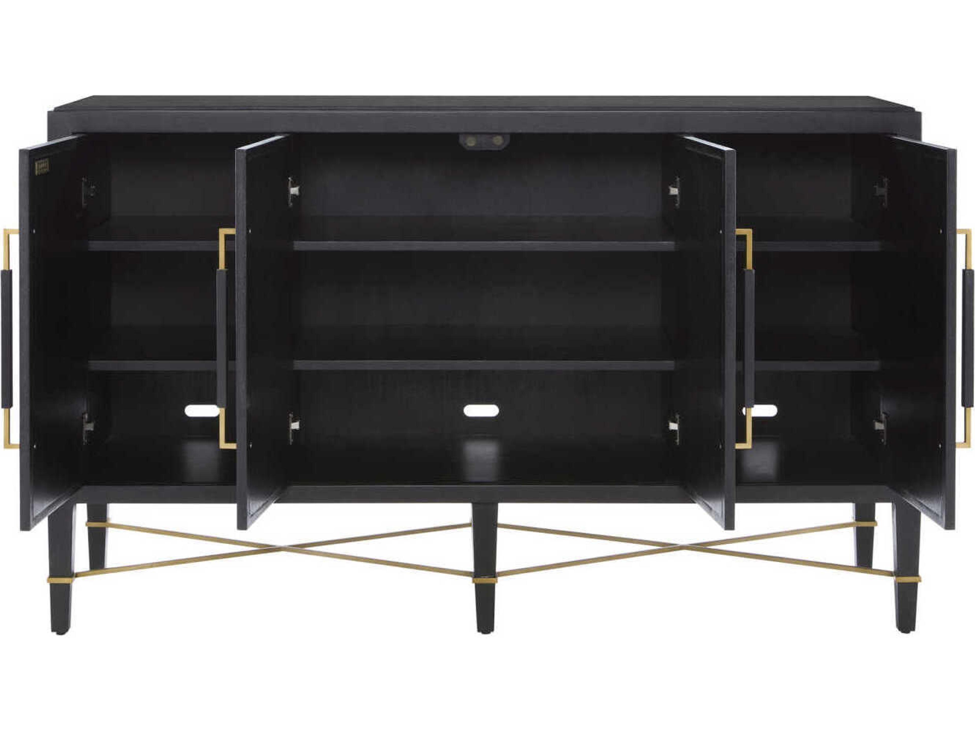Currey & Company Verona 67" Black Lacquered Linen Champagne Metal Sideboard