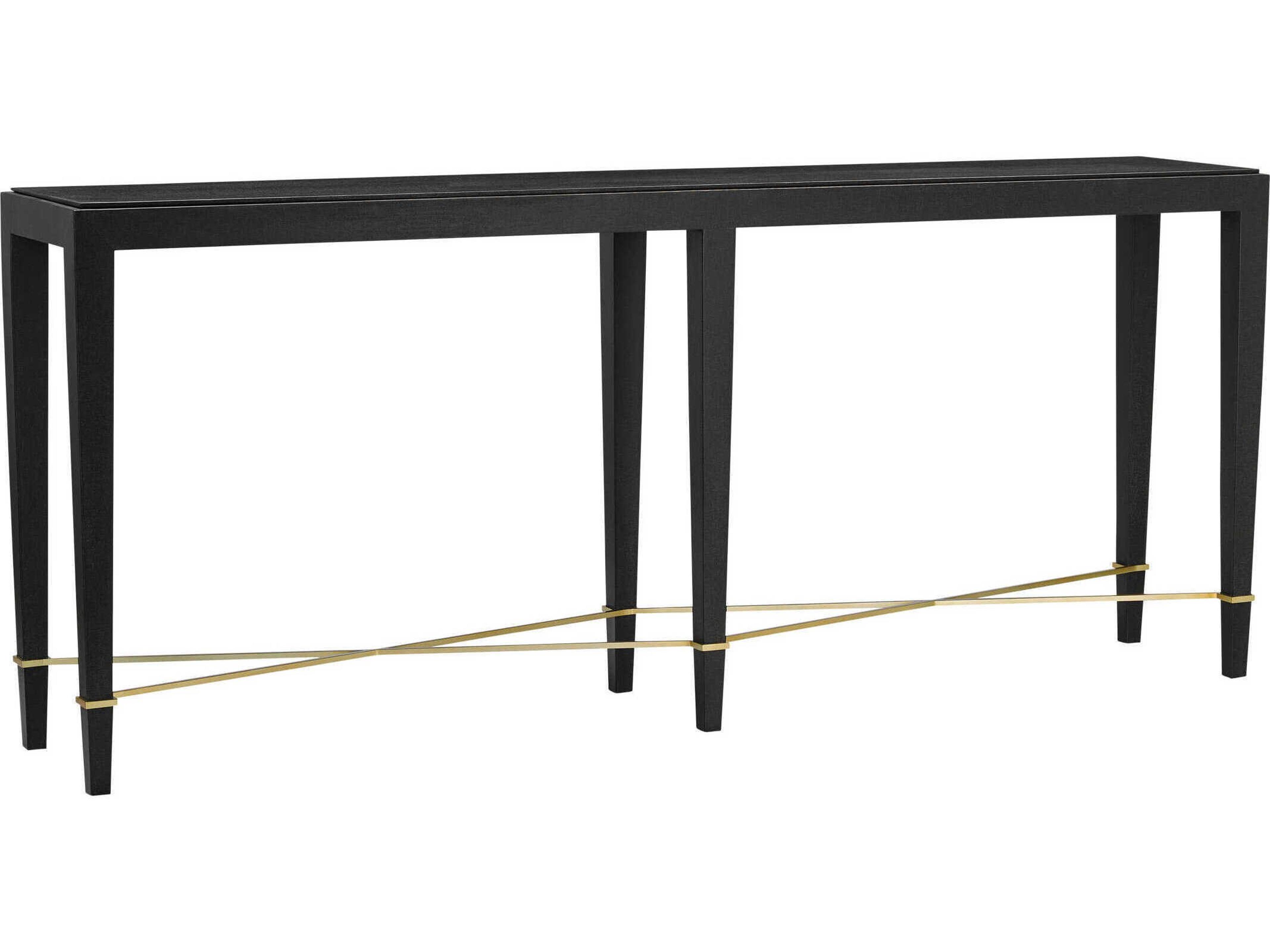 Verona Rectangular Wood Black Lacquered Linen Champagne Console Table