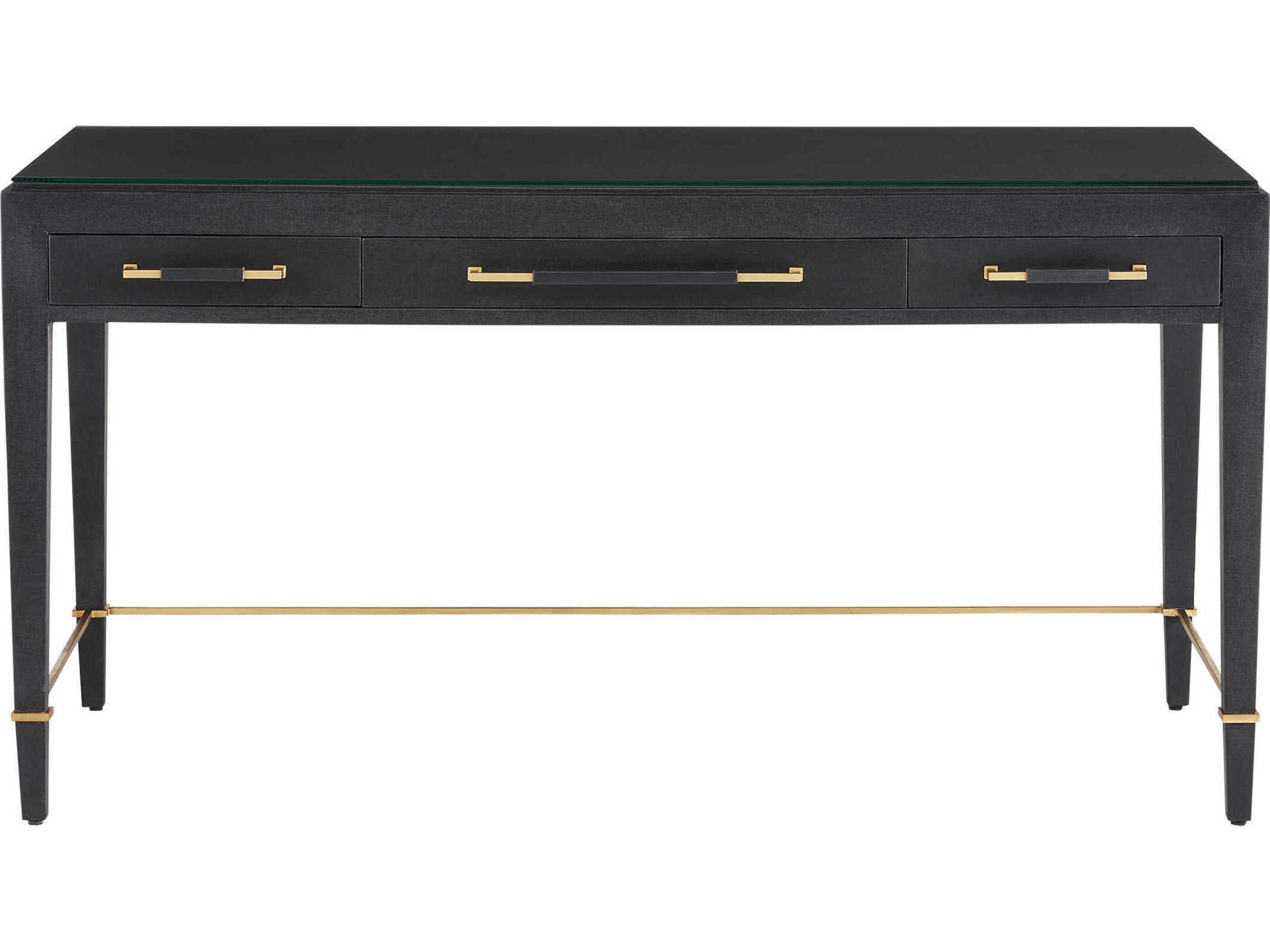Currey & Company Verona Black Lacquered Linen Champagne Metal Solid Wood Secretary Desk