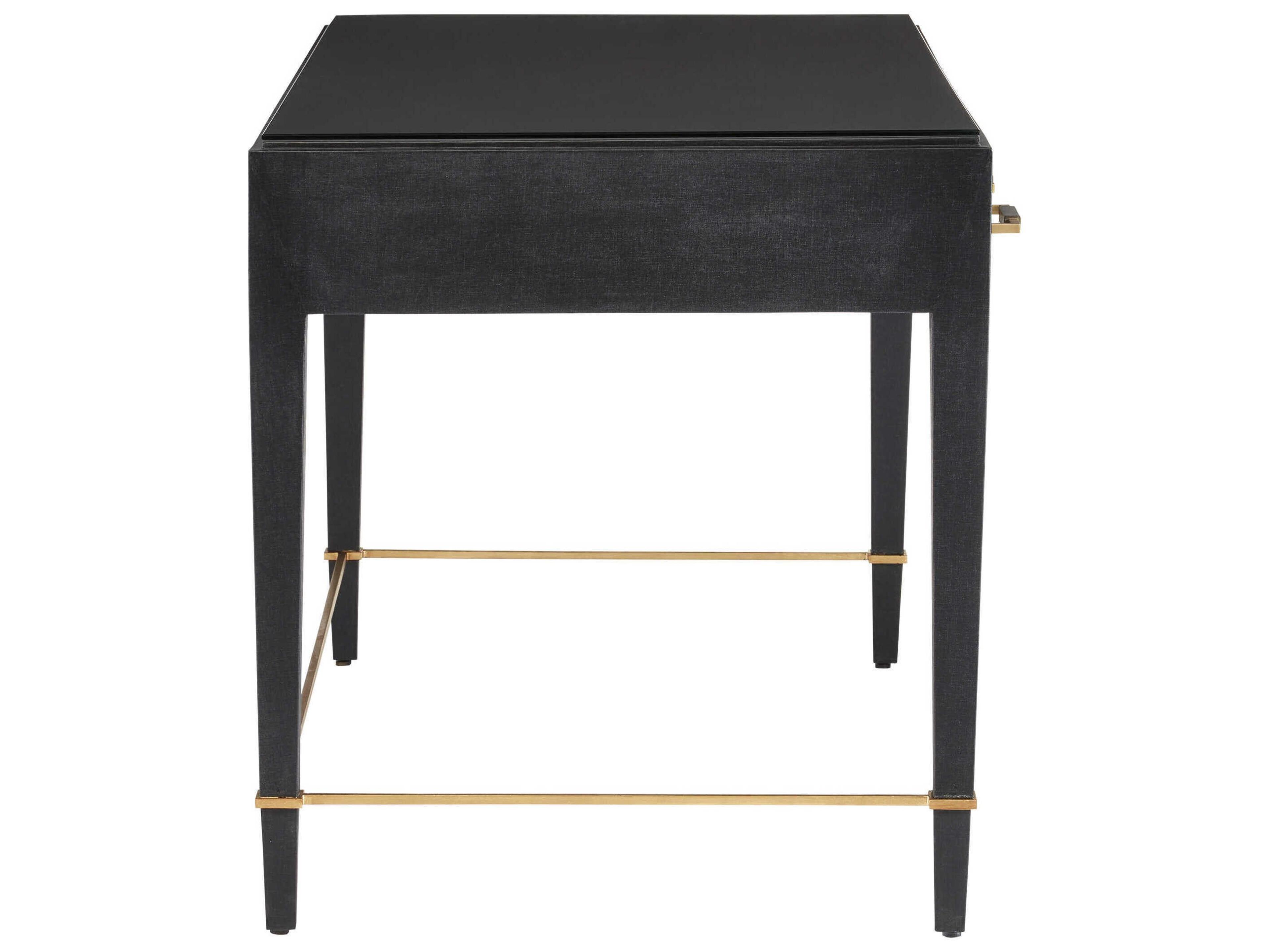 Currey & Company Verona Black Lacquered Linen Champagne Metal Solid Wood Secretary Desk