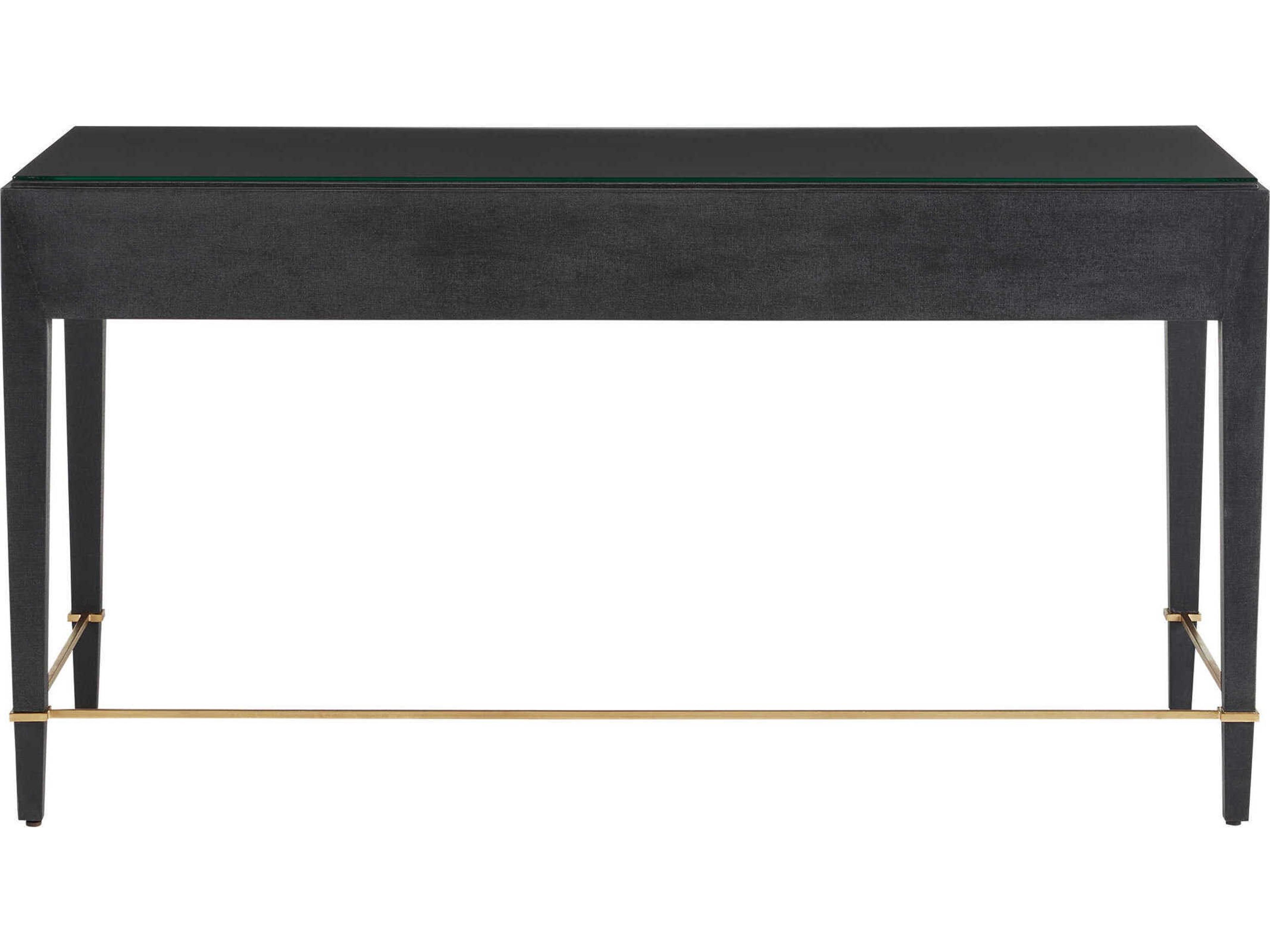 Currey & Company Verona Black Lacquered Linen Champagne Metal Solid Wood Secretary Desk