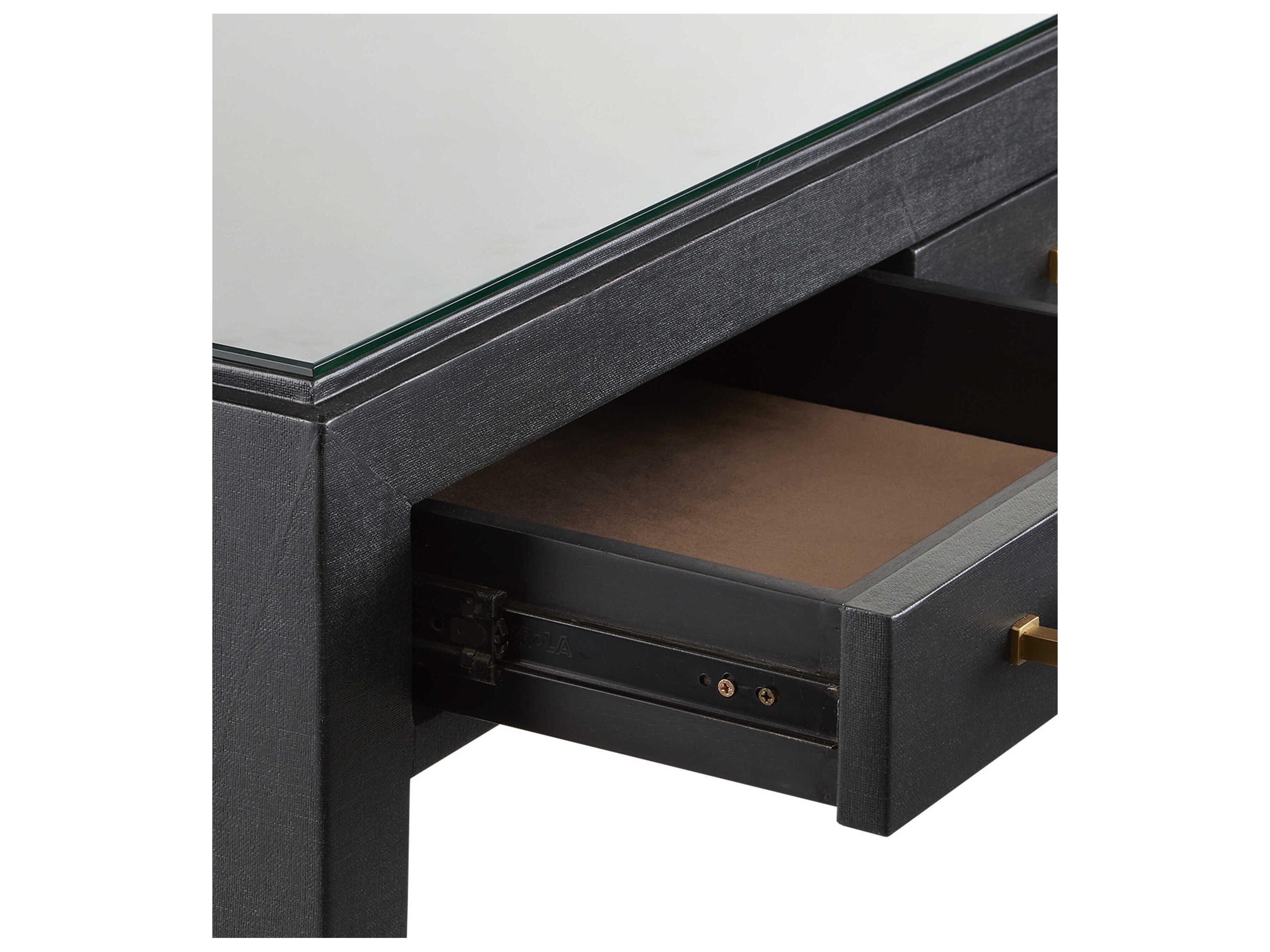 Currey & Company Verona Black Lacquered Linen Champagne Metal Solid Wood Secretary Desk