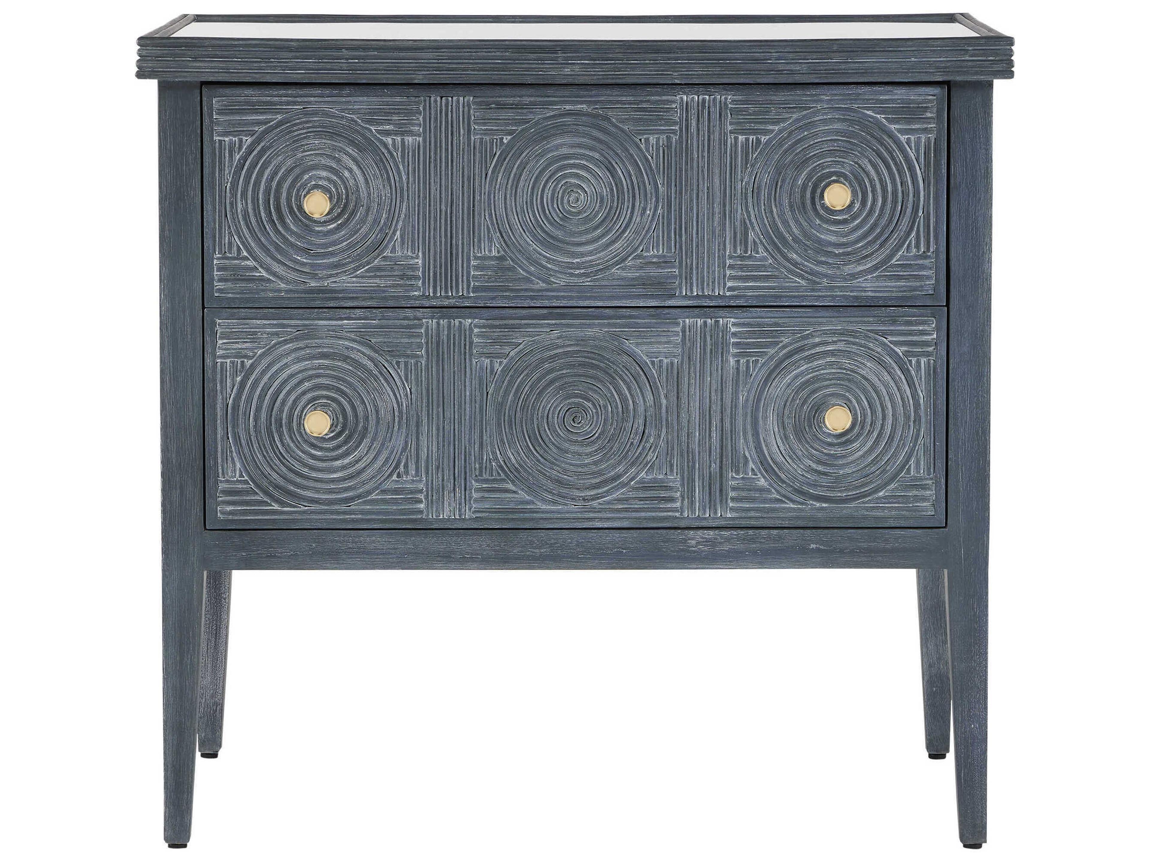 Currey & Company Santos Vintage Navy Brushed Brass Clear Blue Mahogany Wood Accent Chest
