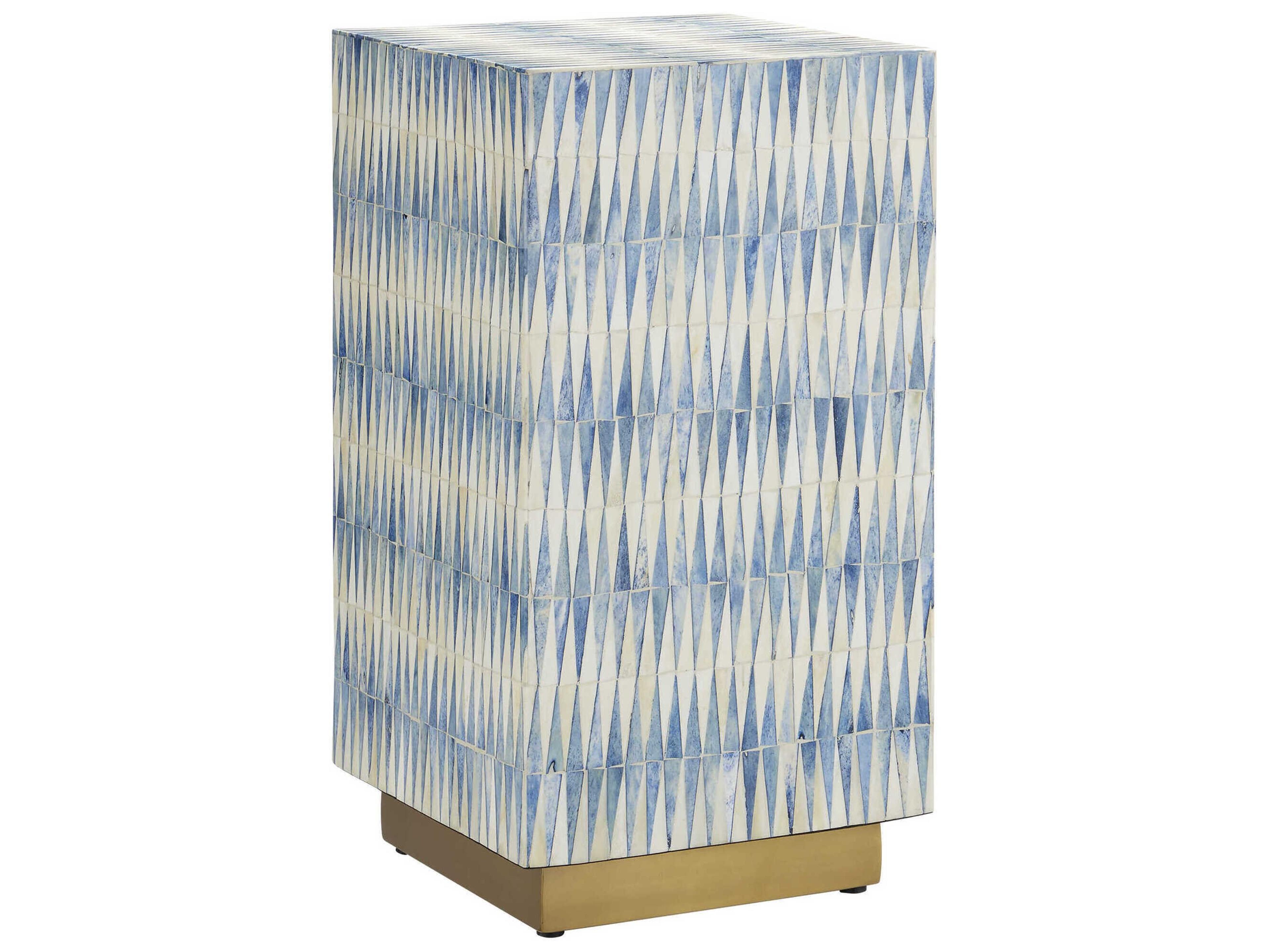 Currey & Company Square Wood Blue White Brushed Brass End Table