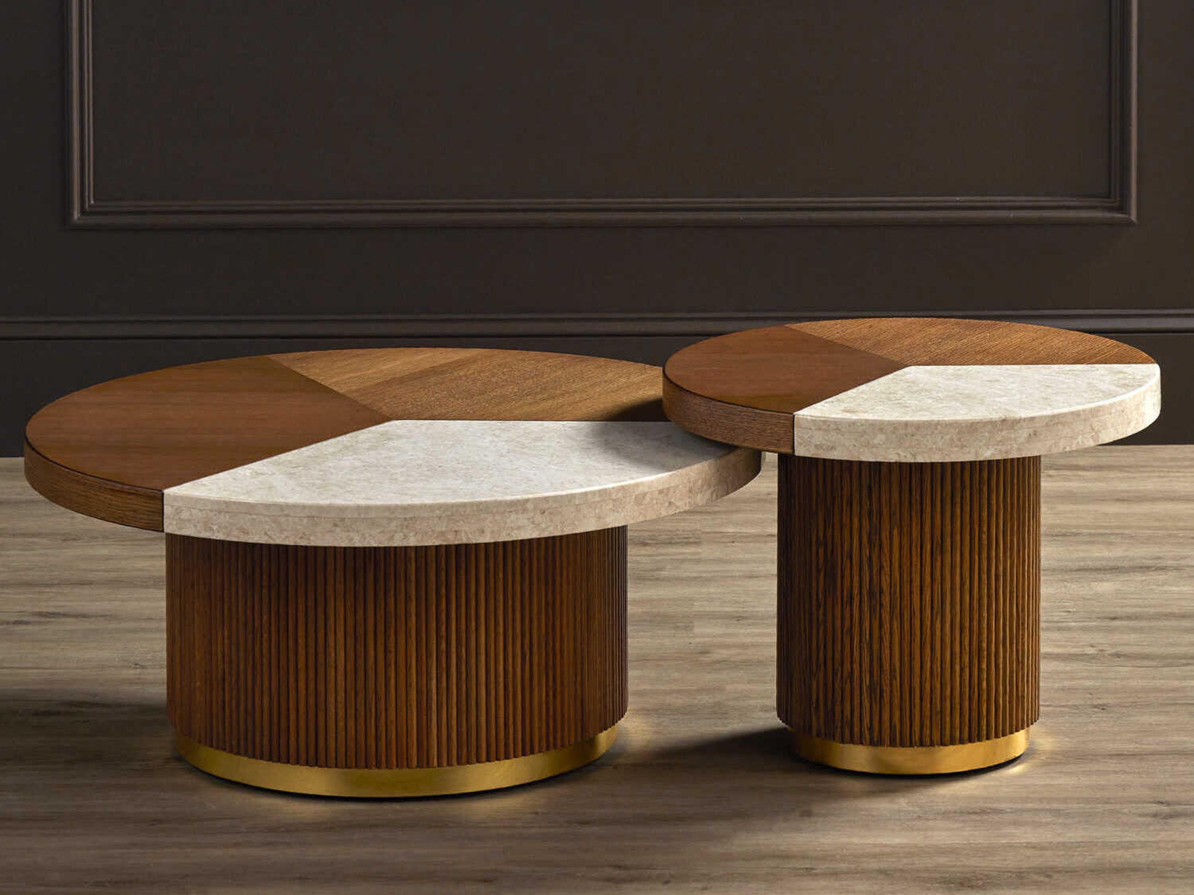 Currey & Company Dakota Round Wood Morel Brown Natural Polished Brass Coffee Table