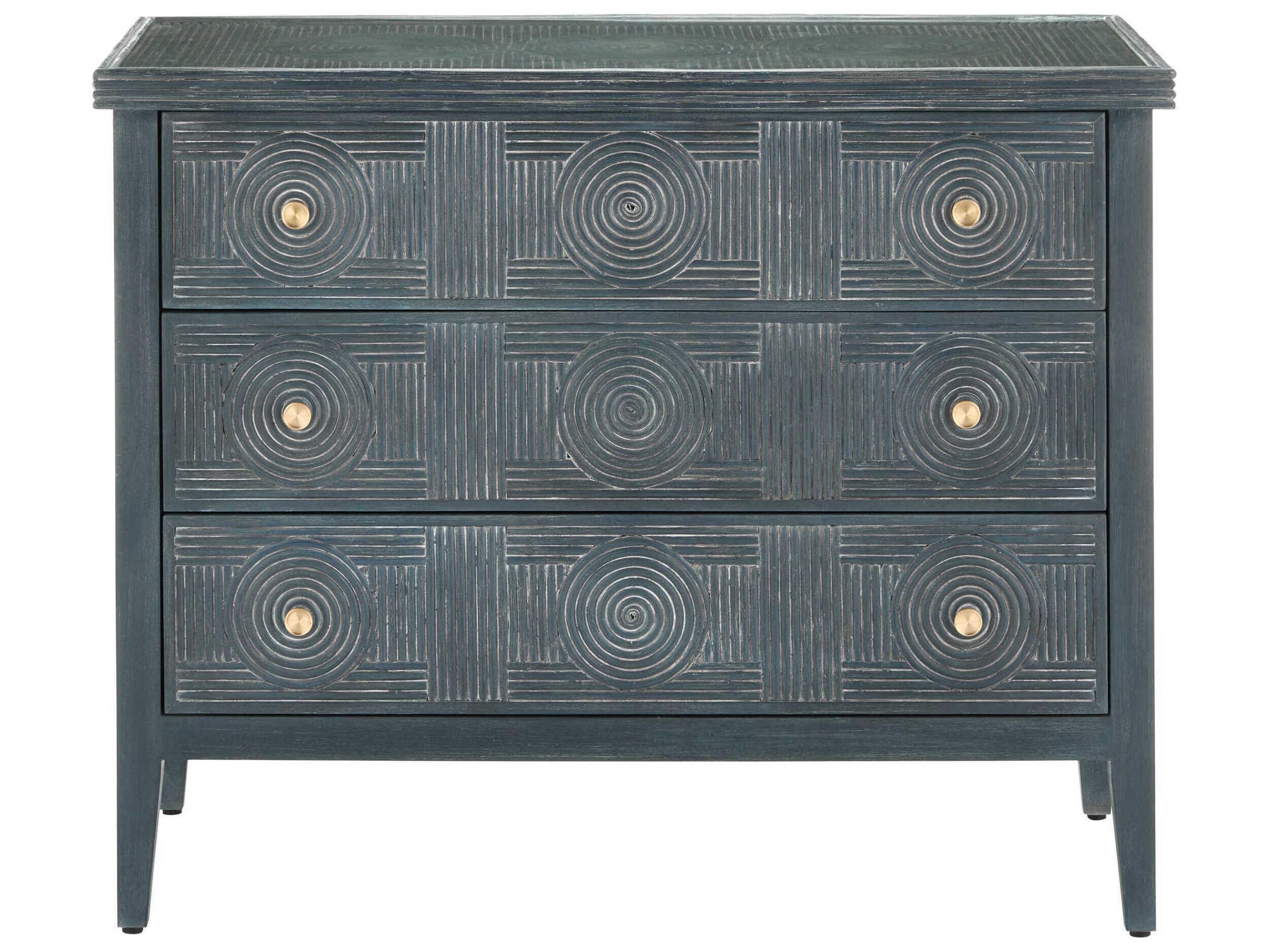Currey & Company Santos 38" Vintage Navy Brass Clear Blue Rattan Accent Chest