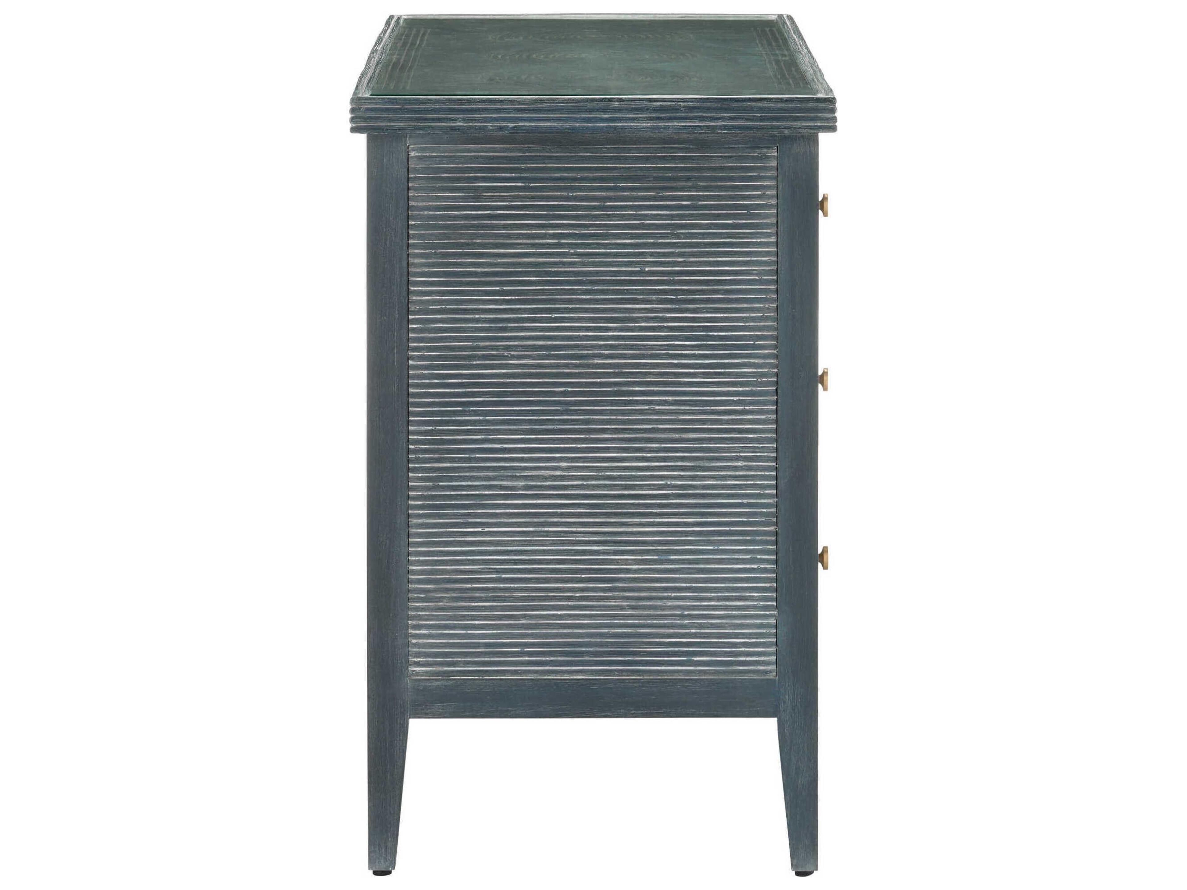 Currey & Company Santos 38" Vintage Navy Brass Clear Blue Rattan Accent Chest