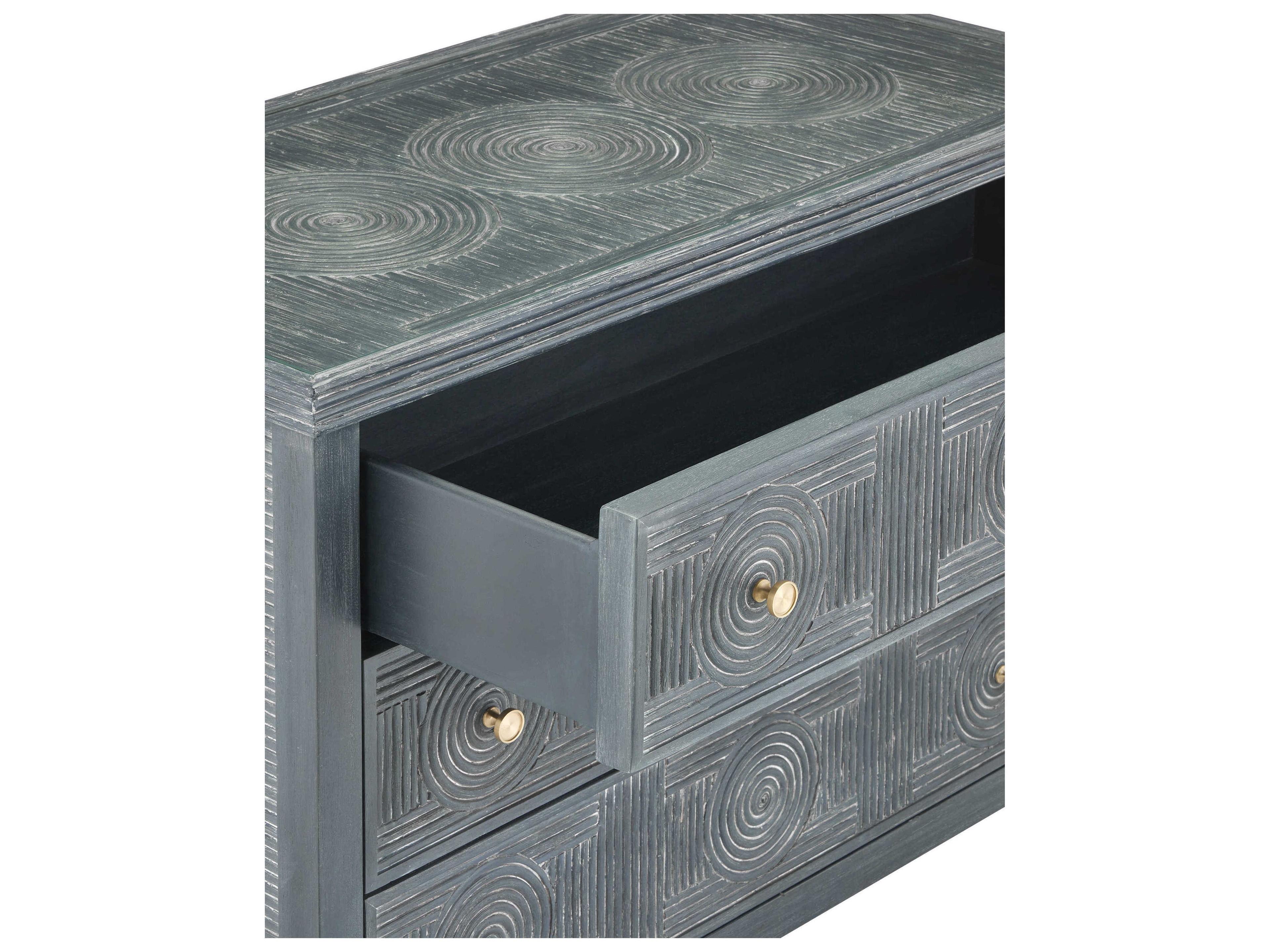 Currey & Company Santos 38" Vintage Navy Brass Clear Blue Rattan Accent Chest