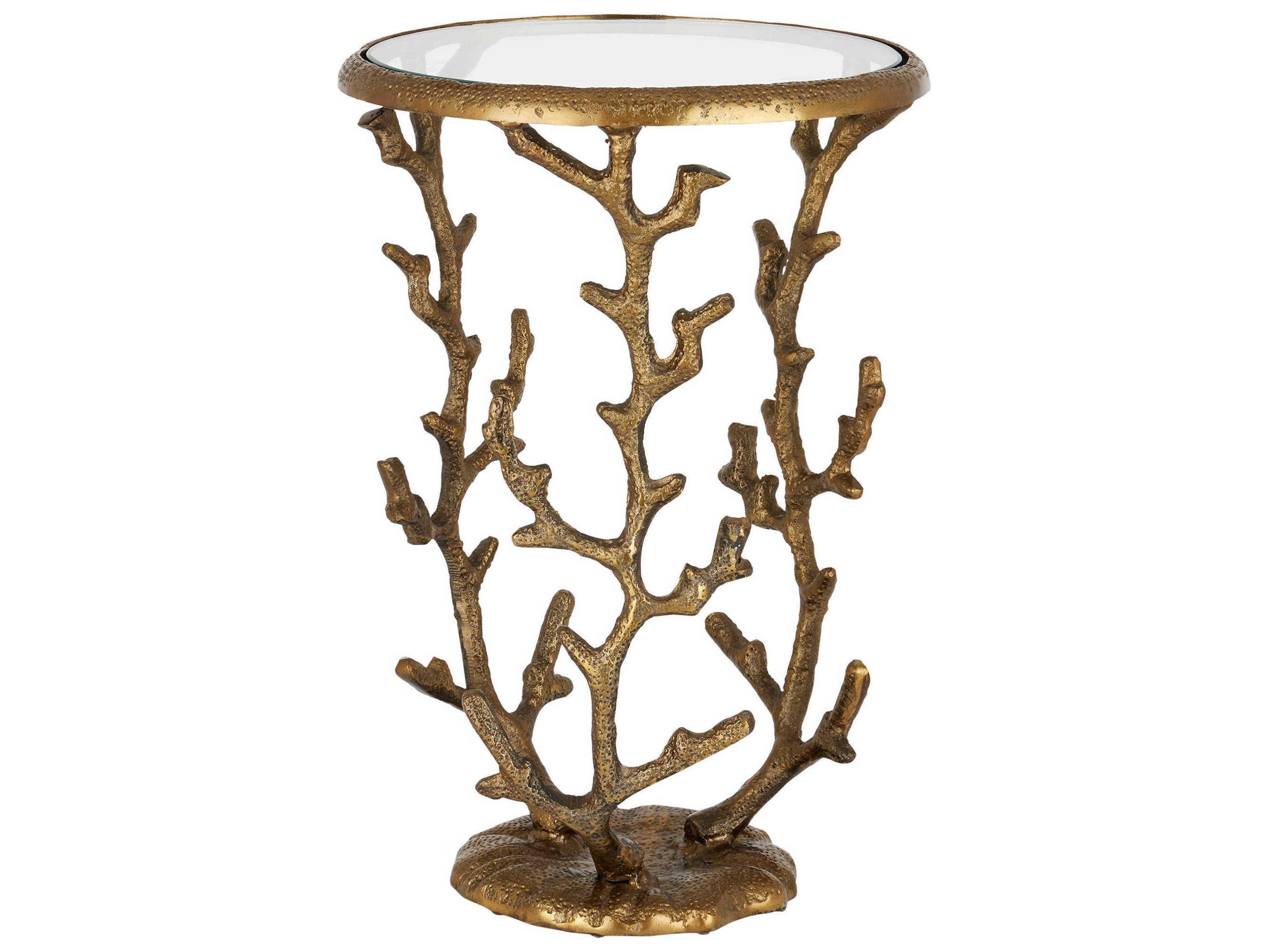 Currey & Company Round Glass Antique Brass Clear End Table