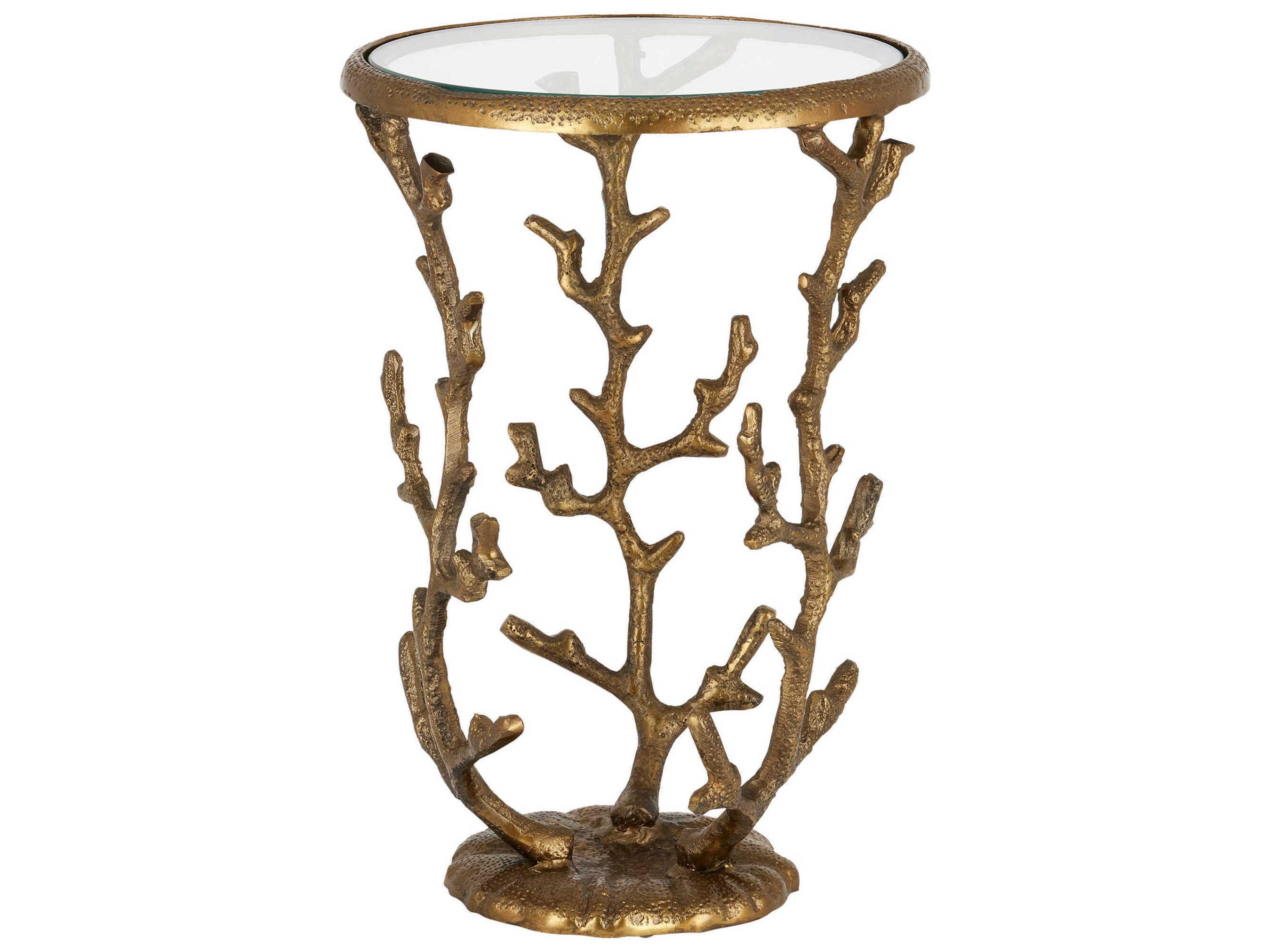 Currey & Company Round Glass Antique Brass Clear End Table