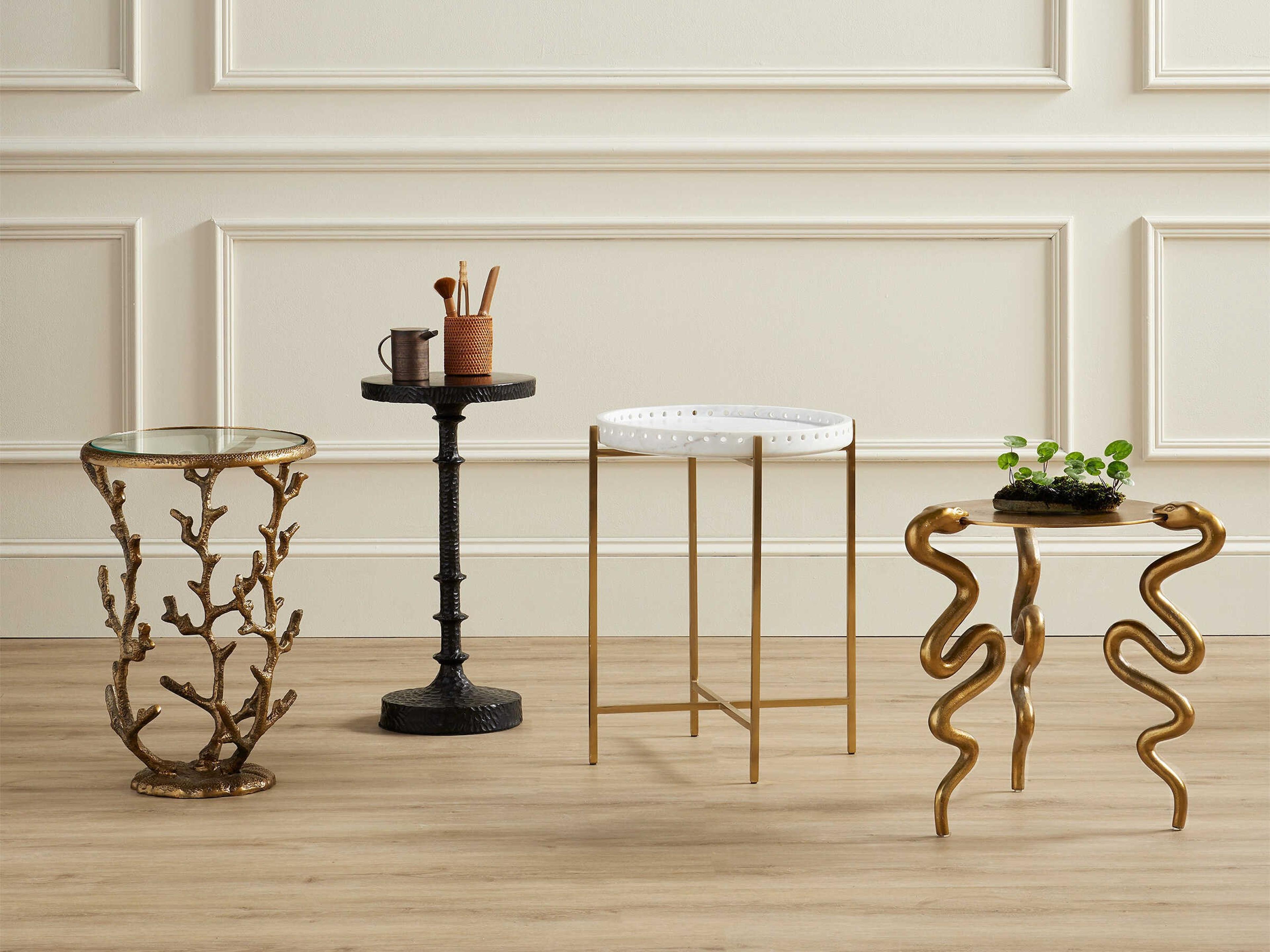 Currey & Company Round Glass Antique Brass Clear End Table