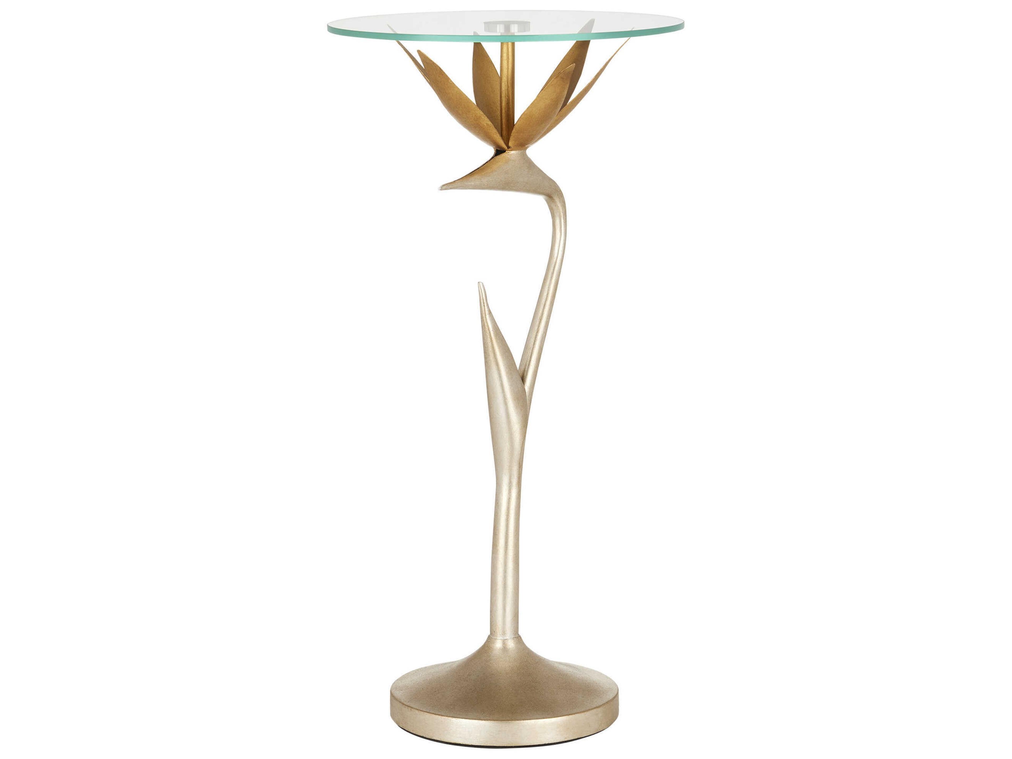 Currey & Company Paradiso Round Glass Contemporary Silver Leaf Gold Clear End Table