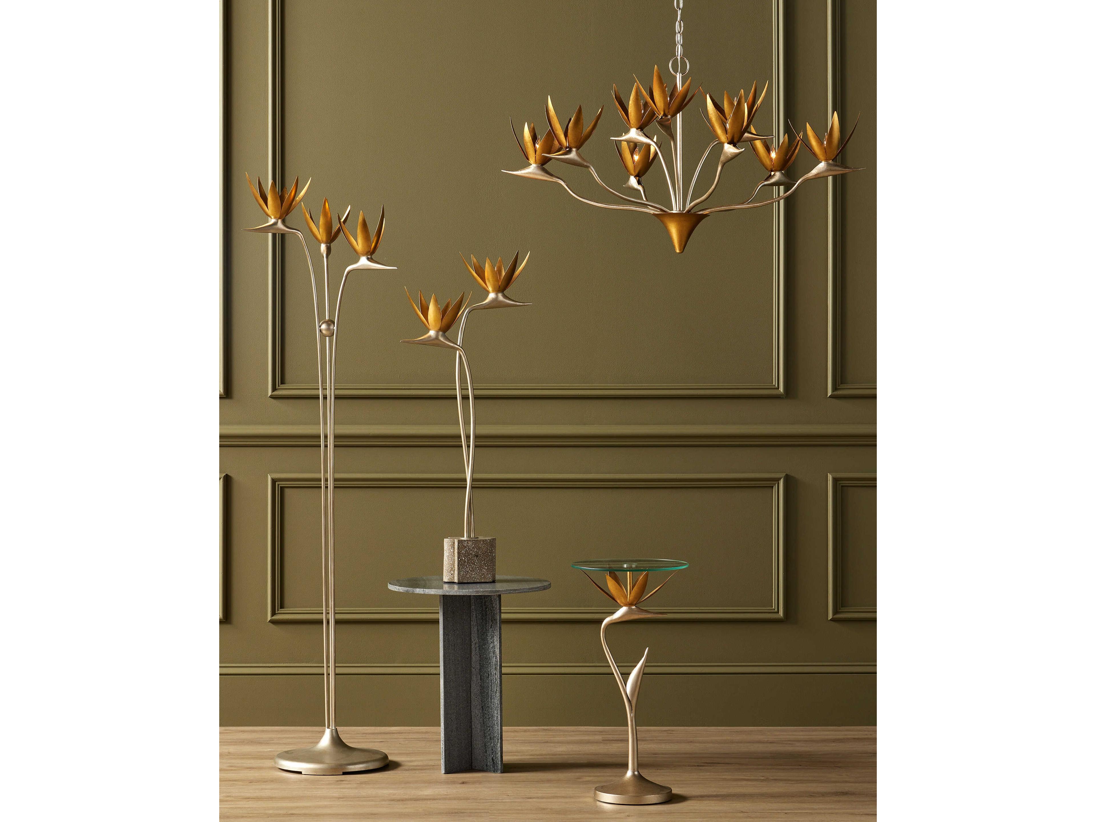 Currey & Company Paradiso Round Glass Contemporary Silver Leaf Gold Clear End Table