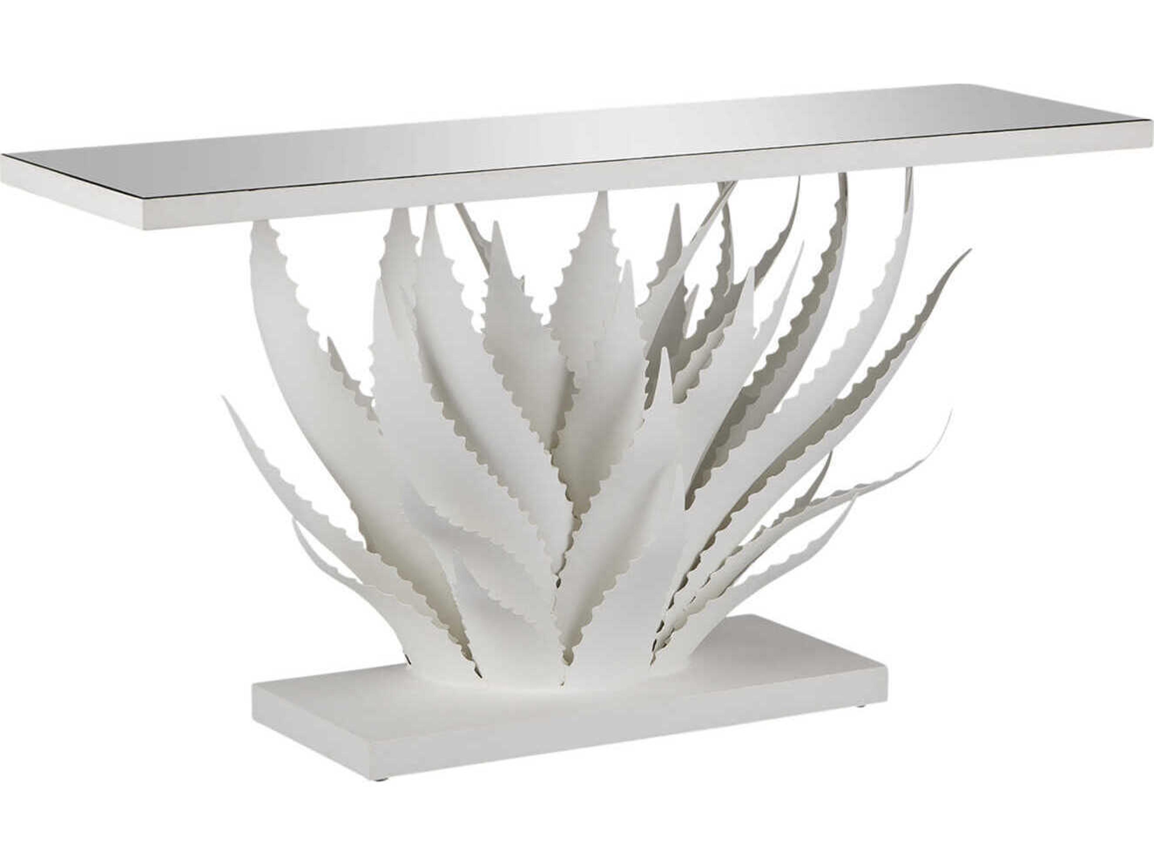 Agave Rectangular Glass Gesso White Mirror Console Table