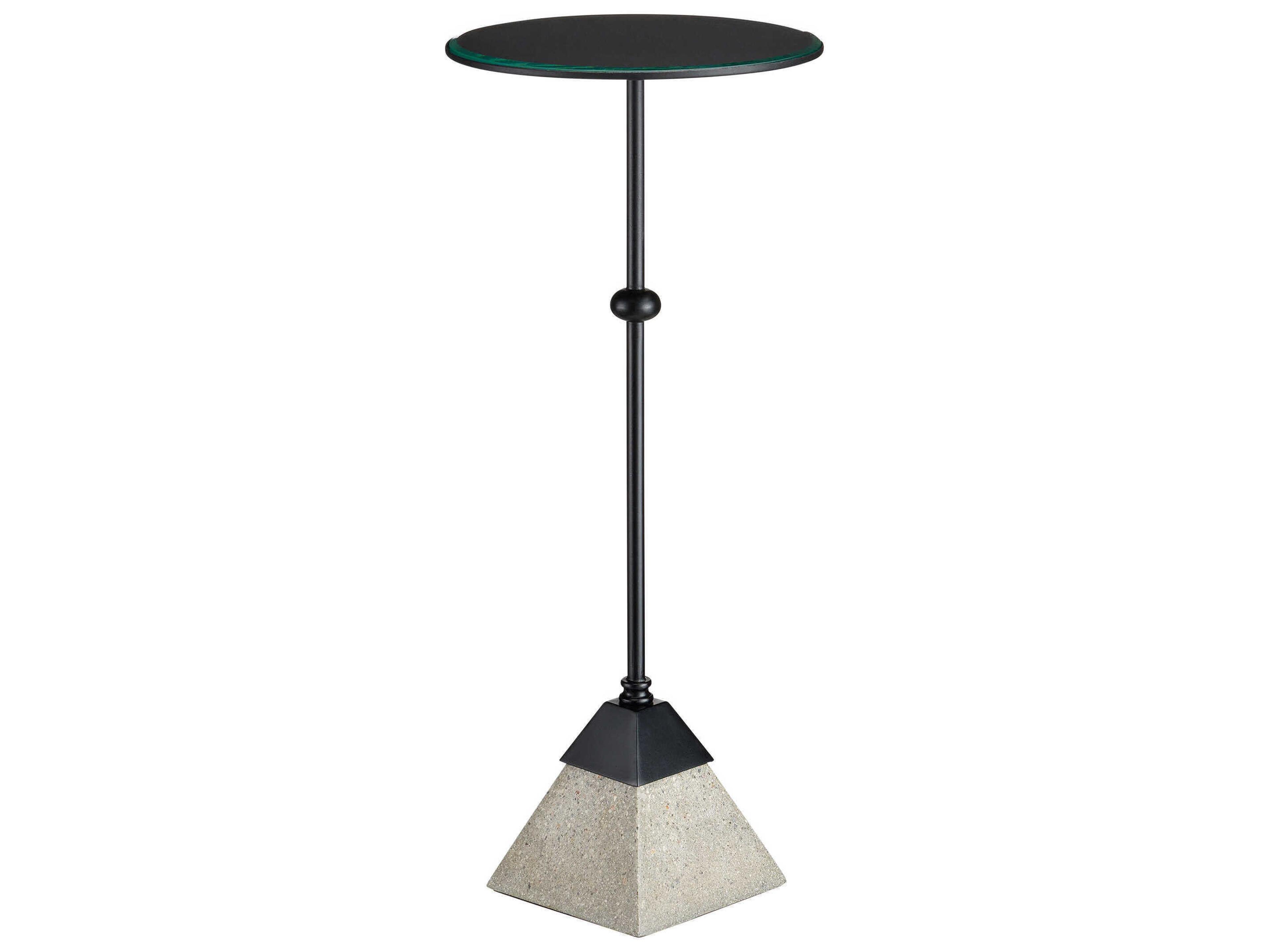 Currey & Company Parna Round Glass Satin Black Polished Concrete Clear End Table