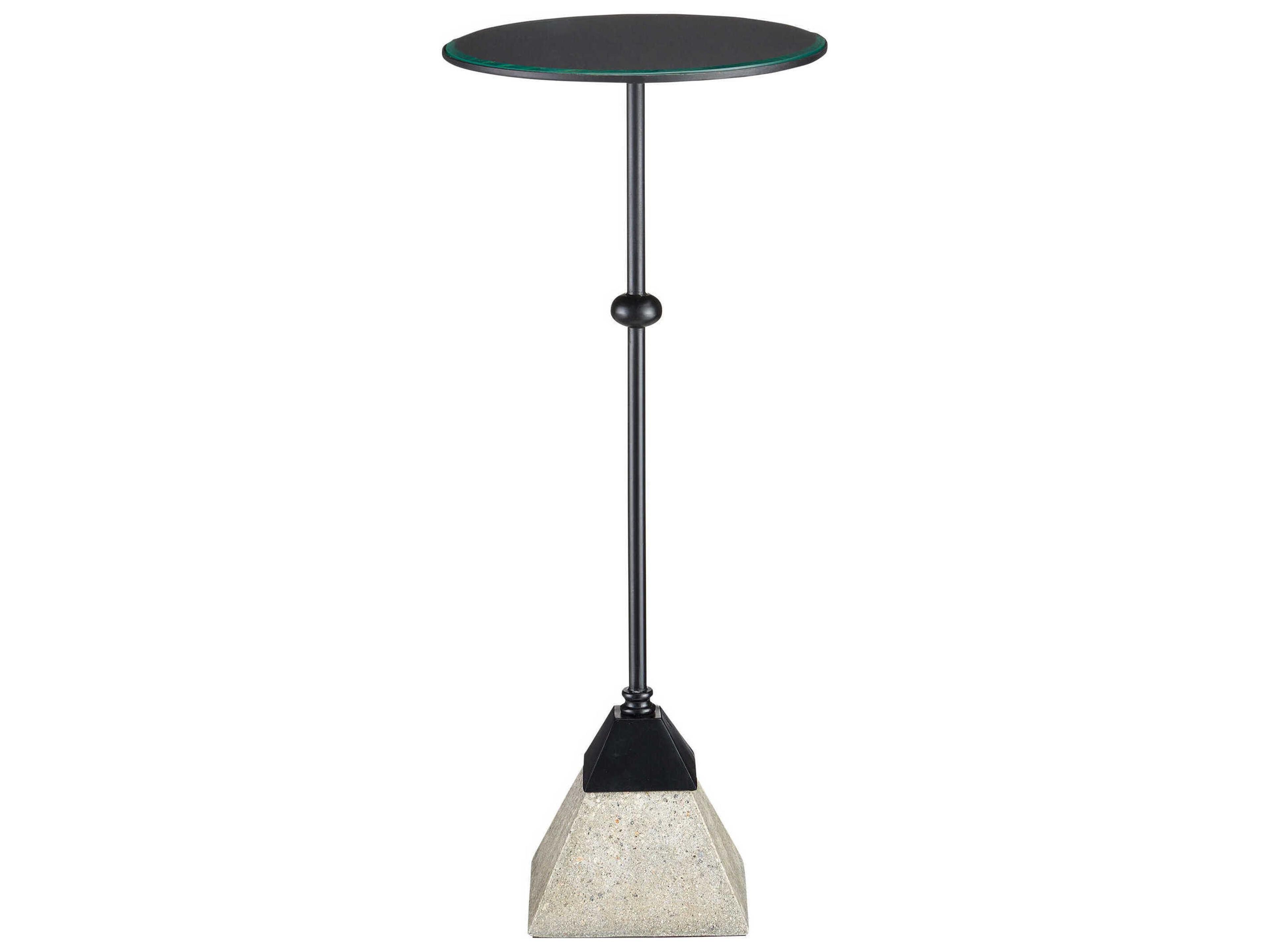 Currey & Company Parna Round Glass Satin Black Polished Concrete Clear End Table
