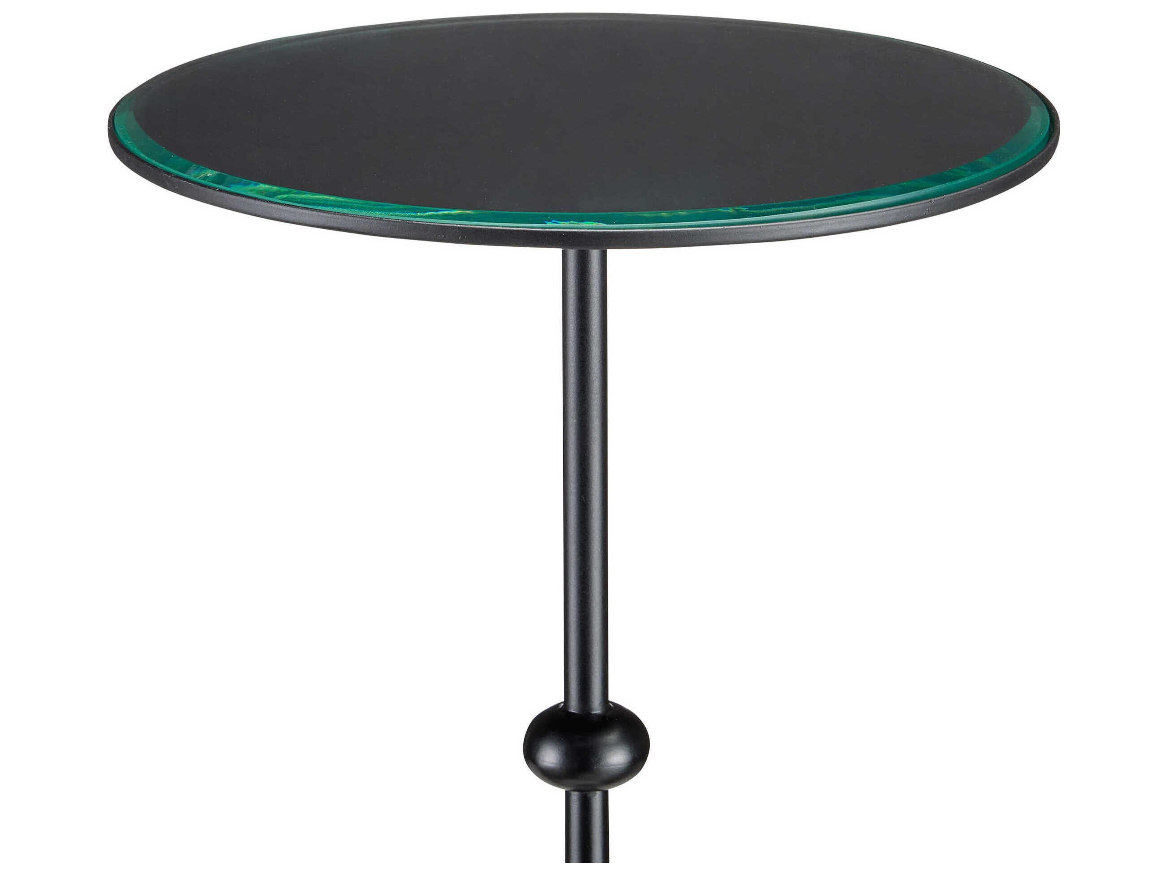 Currey & Company Parna Round Glass Satin Black Polished Concrete Clear End Table