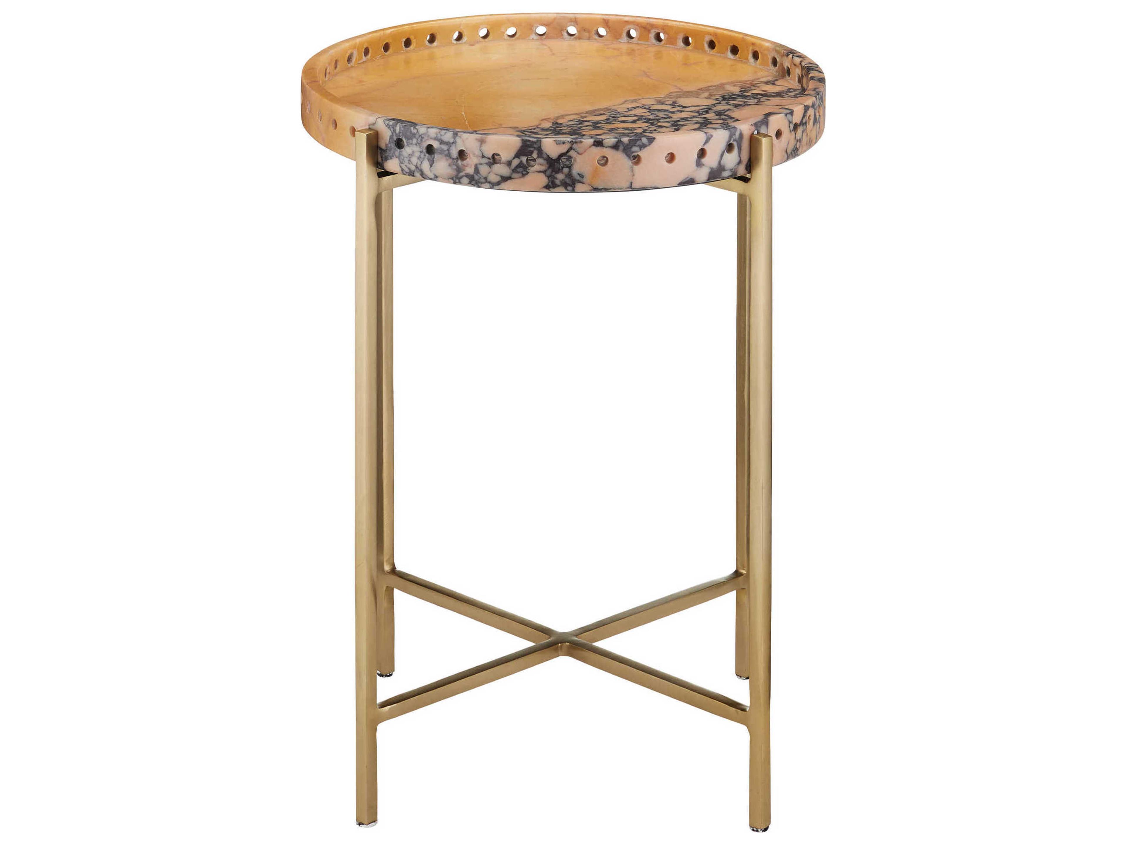 Currey & Company Freya Round Faux Marble Natural Antique Brass End Table
