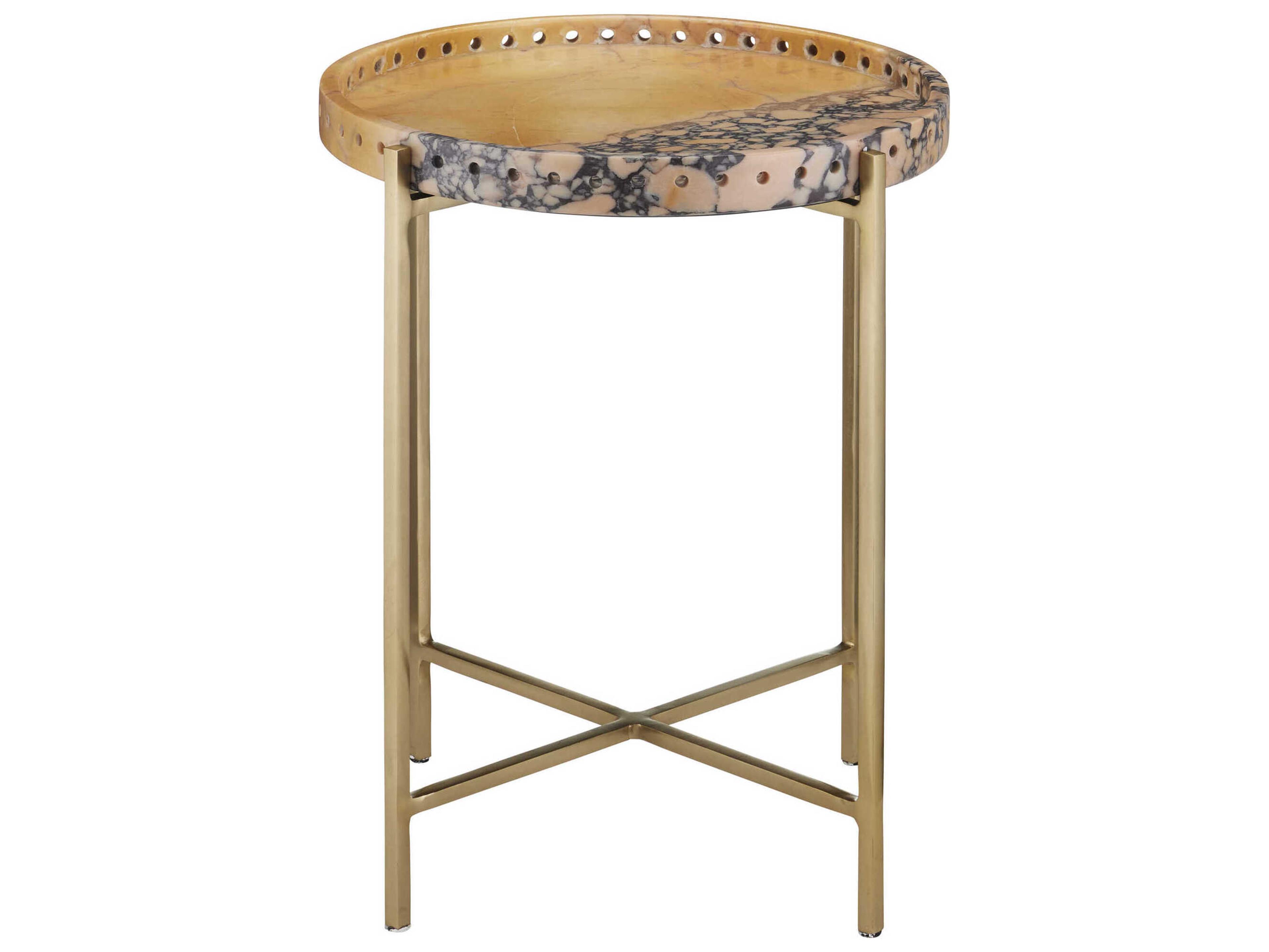 Currey & Company Freya Round Faux Marble Natural Antique Brass End Table