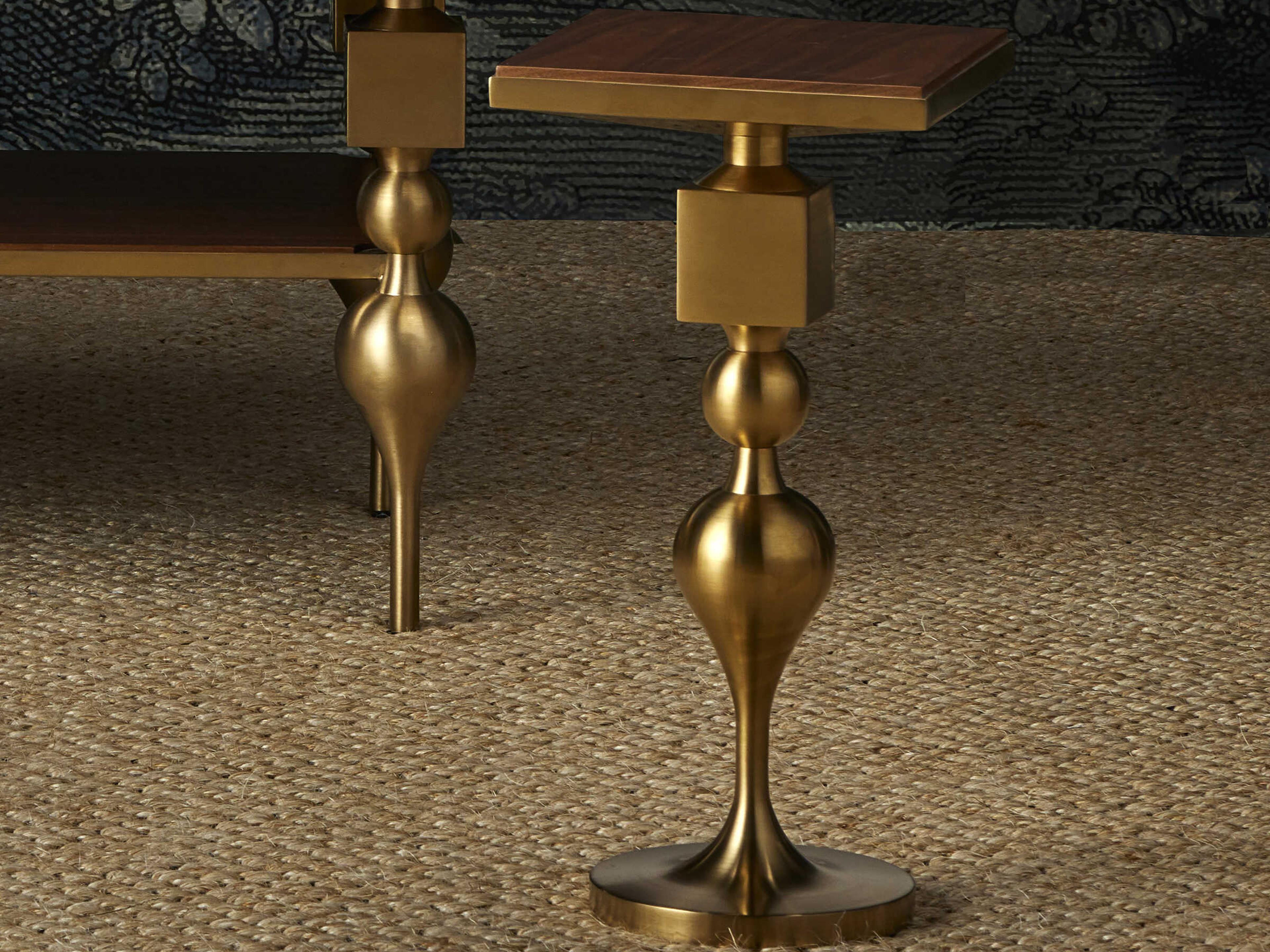 Currey & Company Maeve Square Wood Brushed Brass Walnut End Table