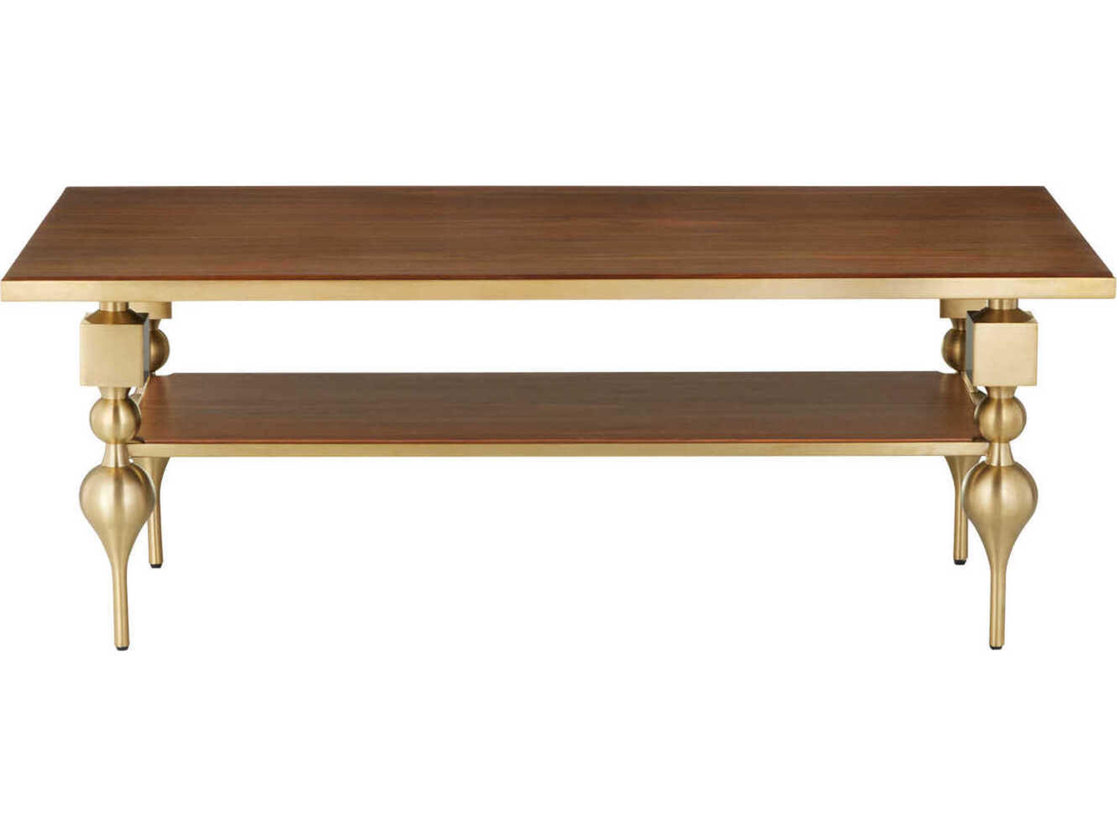 Currey & Company Maeve Rectangular Wood Brushed Brass Walnut Coffee Table