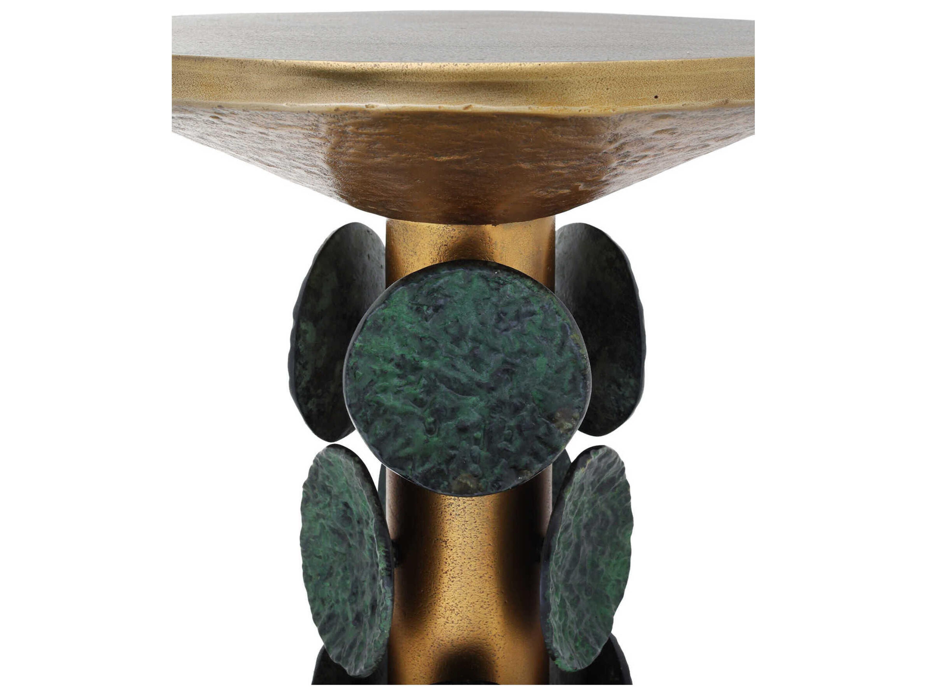 Currey & Company Nasturtium Round Metal Antique Brass Patina End Table