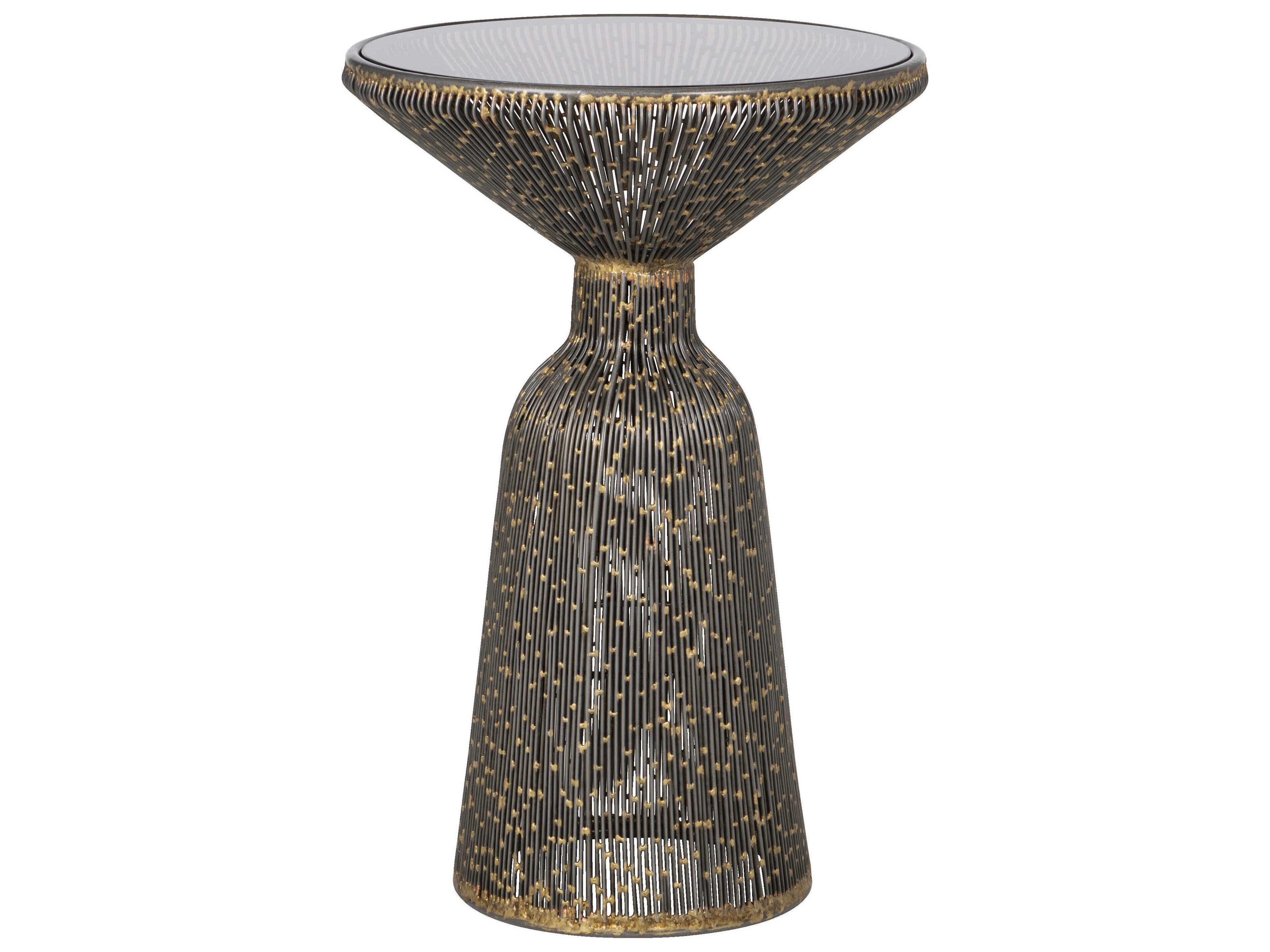Canopus Round Glass Iron Bronze Smoke End Table