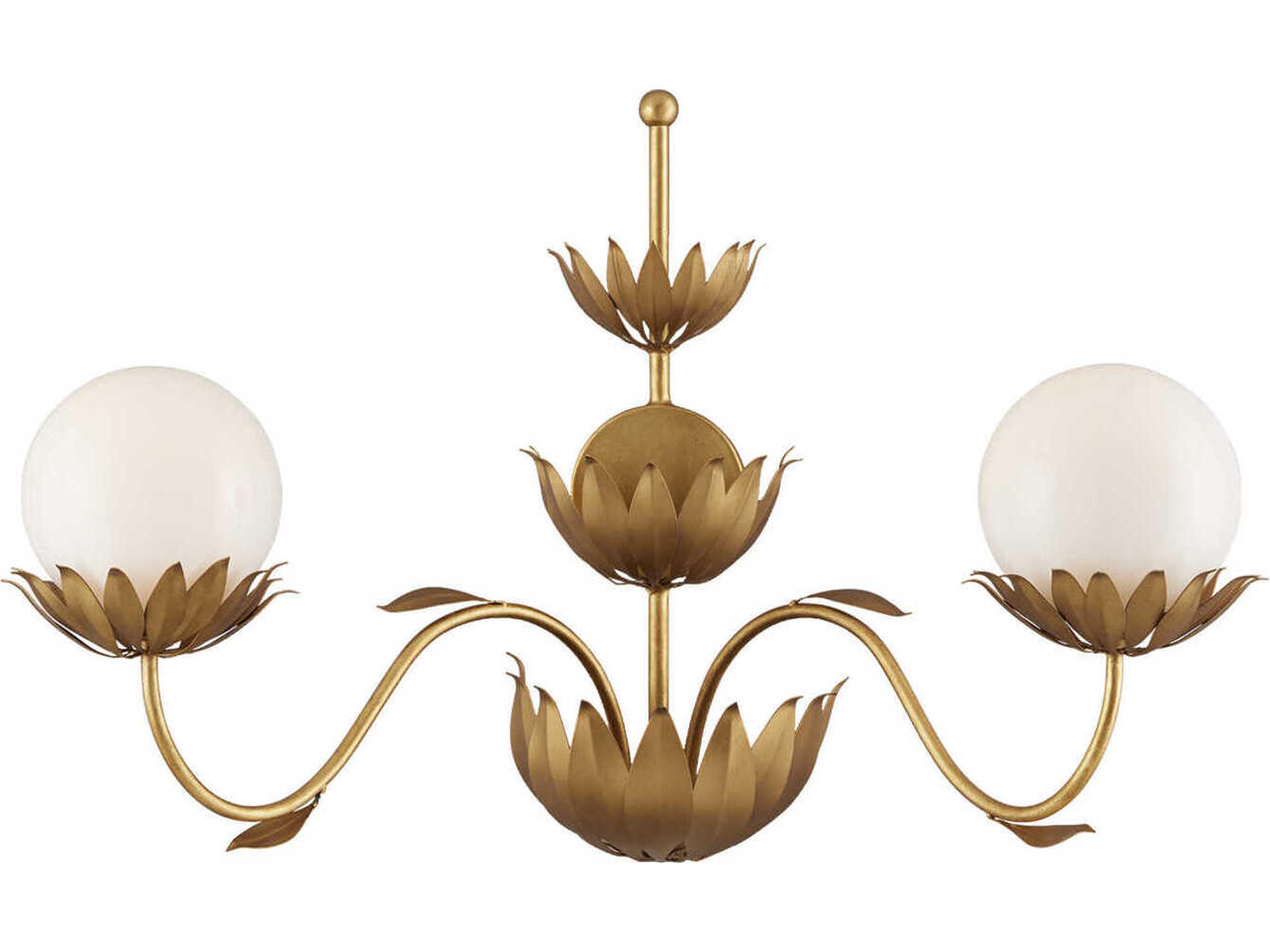 Currey & Company Mirasole 2-Light Contemporary Gold Leaf White Glass Wall Sconce