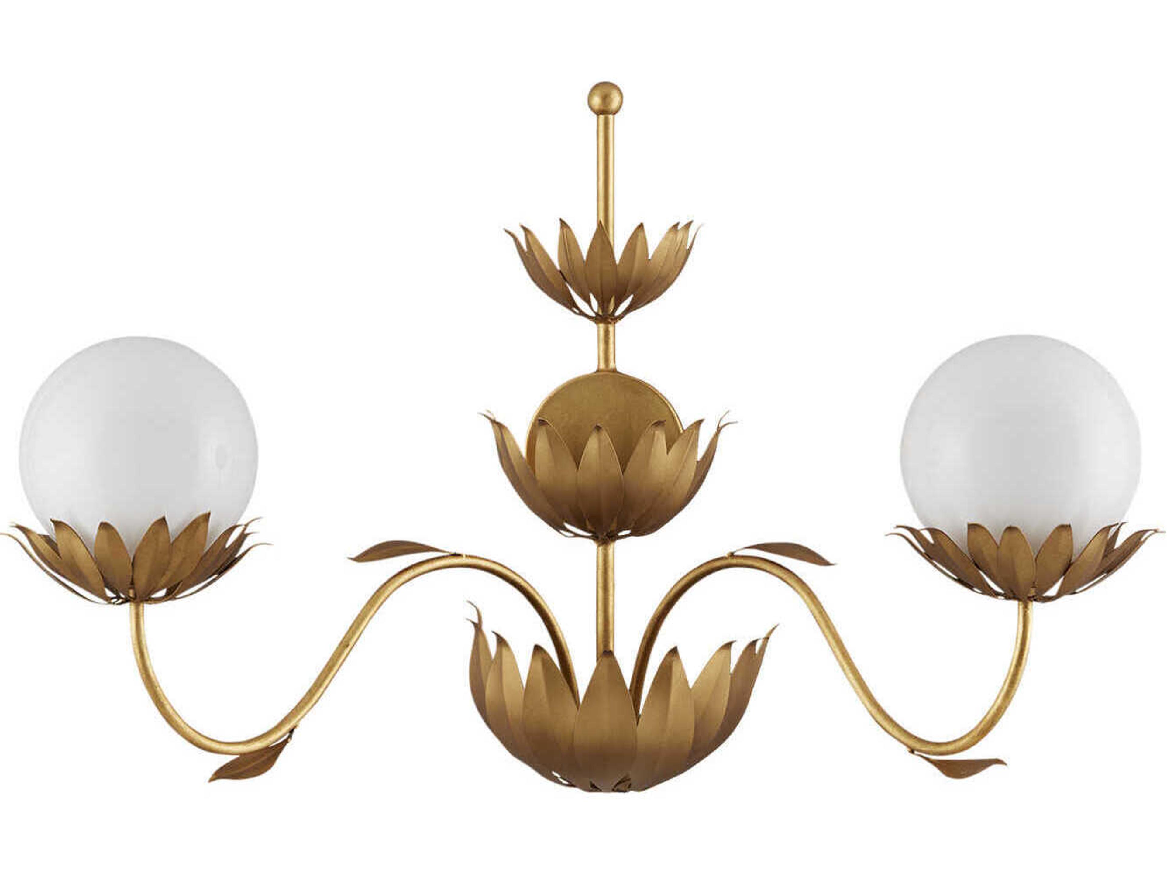 Currey & Company Mirasole 2-Light Contemporary Gold Leaf White Glass Wall Sconce