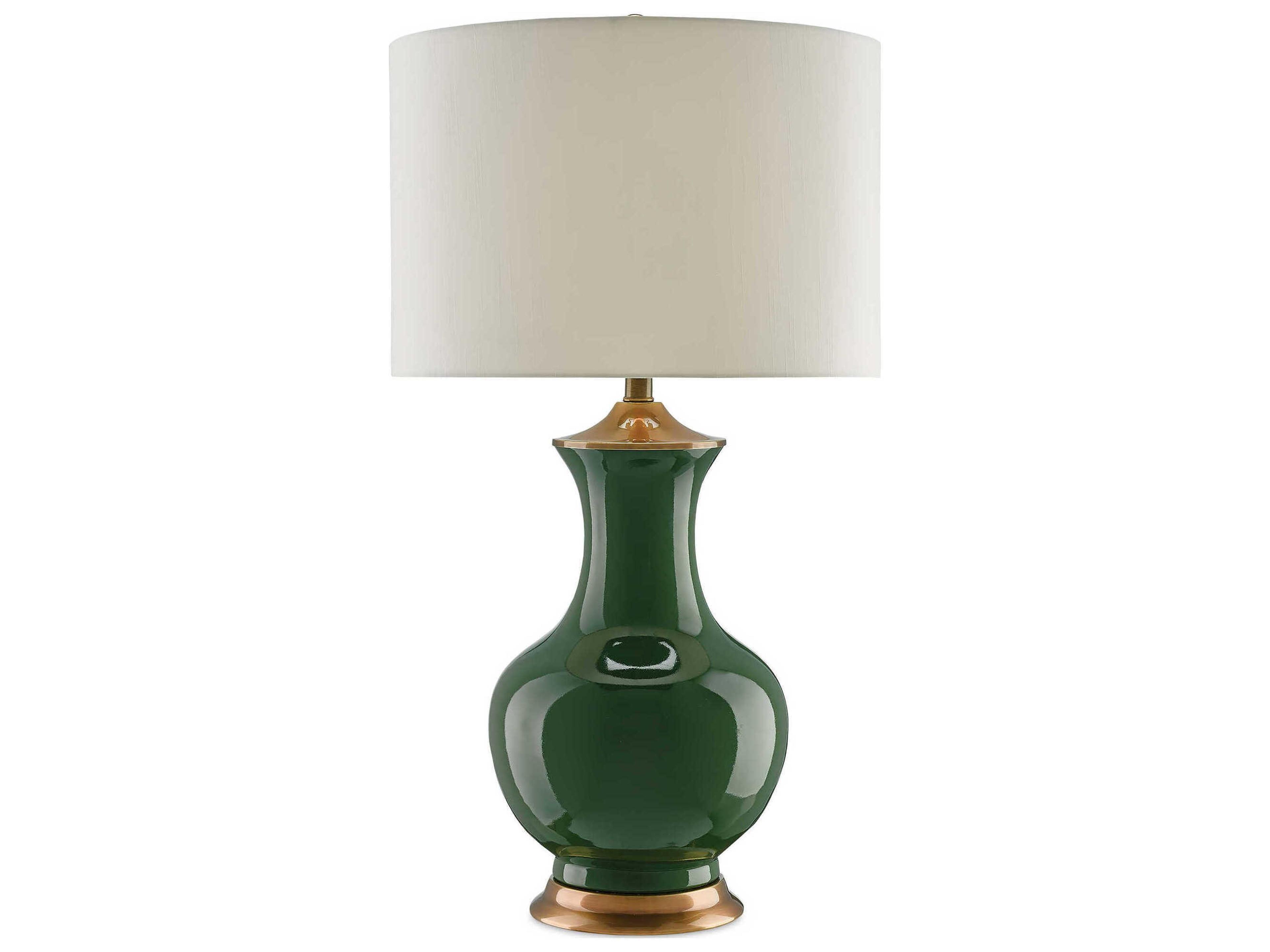 Currey & Company Lilou Green Antique Brass Edison Bulb Buffet/Table Greentique Buffet Lamp with Eggshell Shantung Shade