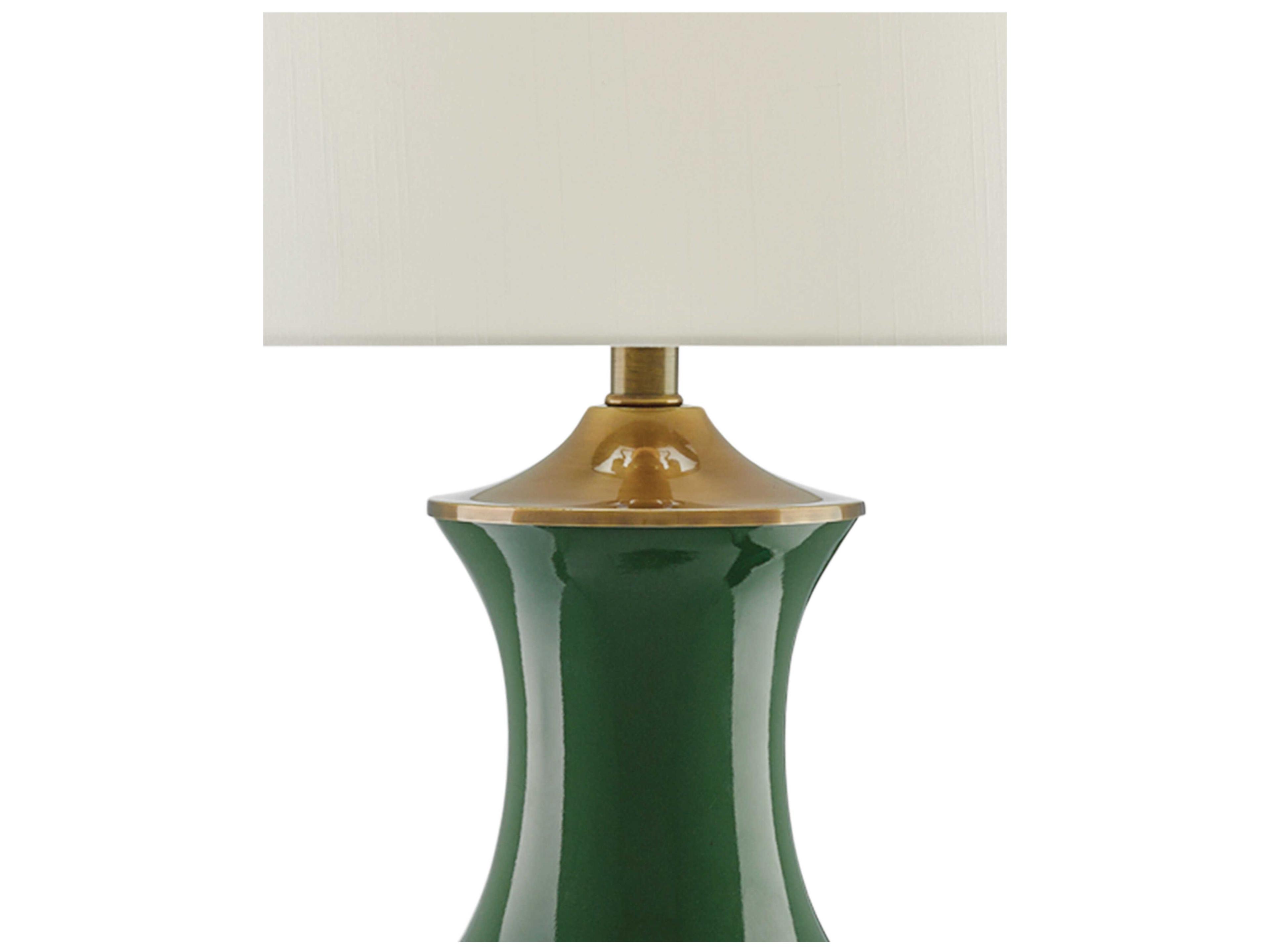 Currey & Company Lilou Green Antique Brass Edison Bulb Buffet/Table Greentique Buffet Lamp with Eggshell Shantung Shade