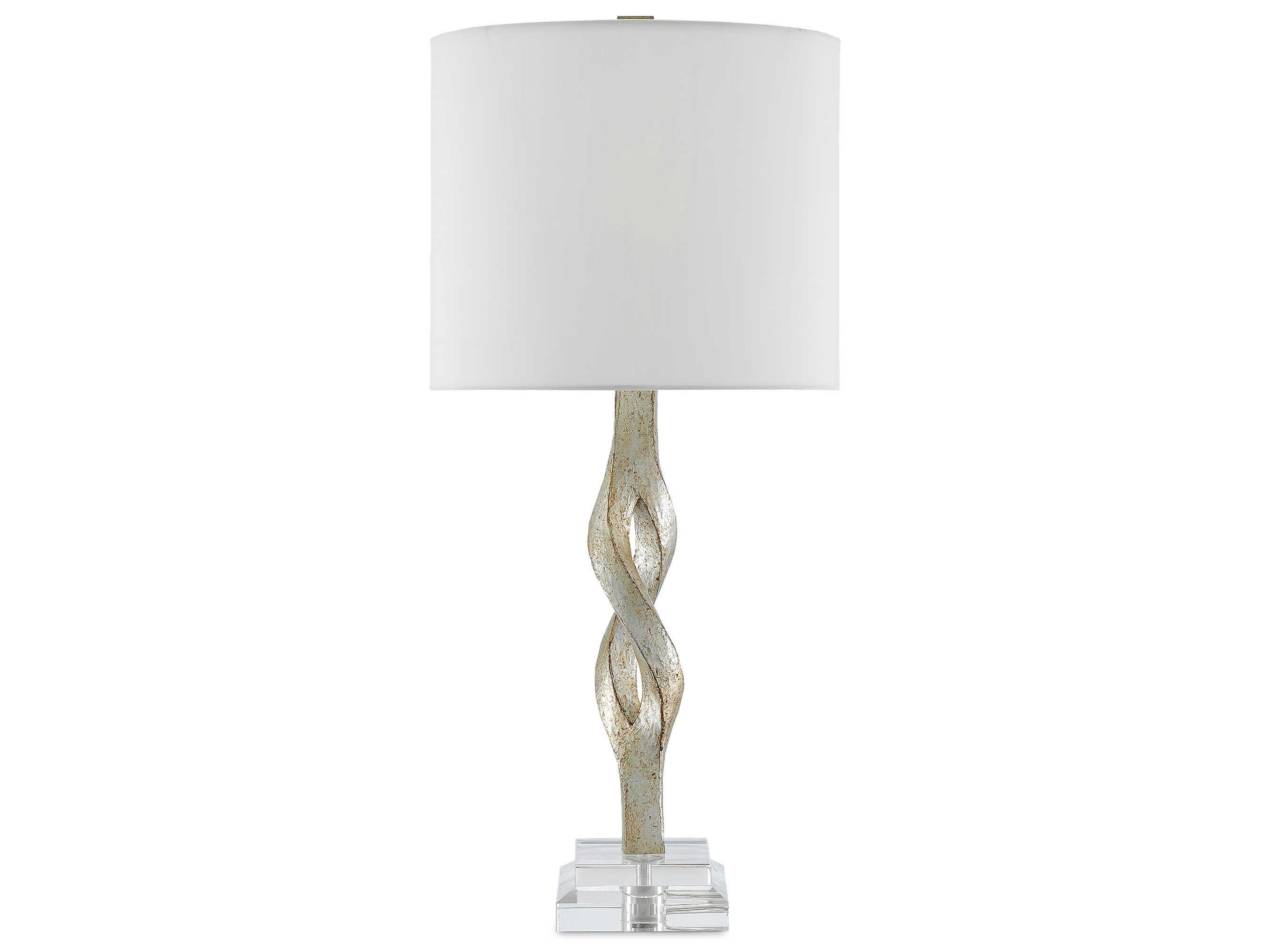 Currey & Company Elyx Edison Bulb Buffet/Table Chinois Silver Leaf Clear Buffet Lamp with Off White Shantung Shade