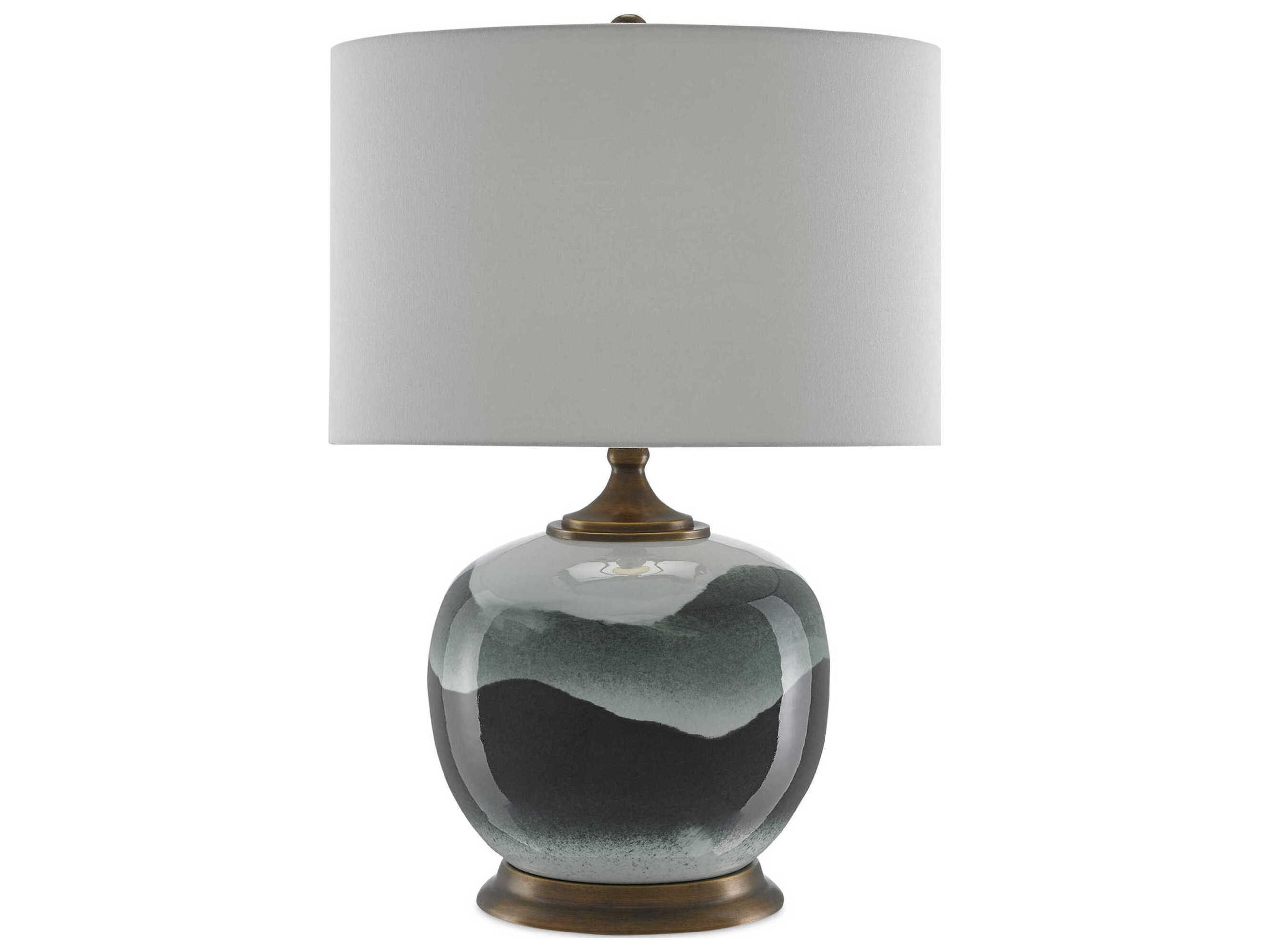 Currey & Company Boreal White Green Antique Brass Edison Bulb Buffet/Table Greentique Buffet Lamp with Linen Shade