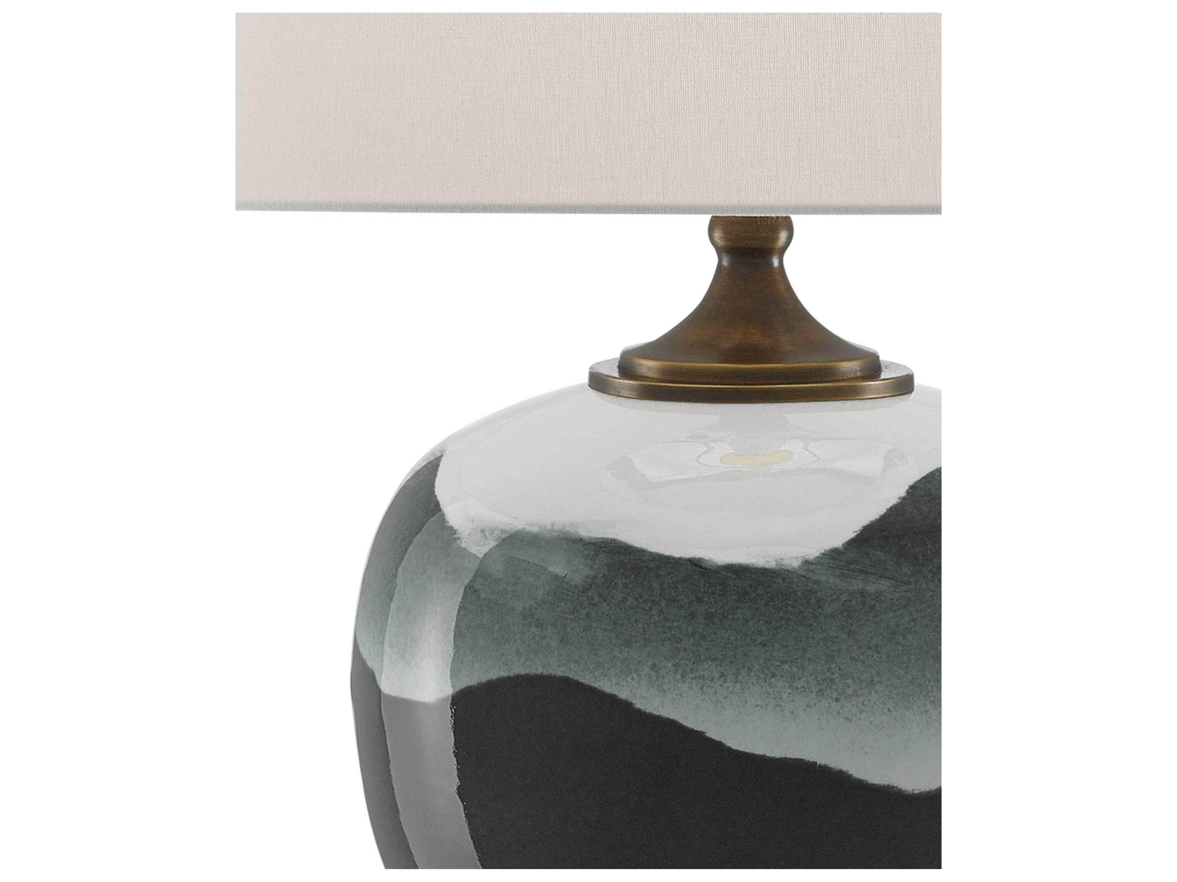 Currey & Company Boreal White Green Antique Brass Edison Bulb Buffet/Table Greentique Buffet Lamp with Linen Shade