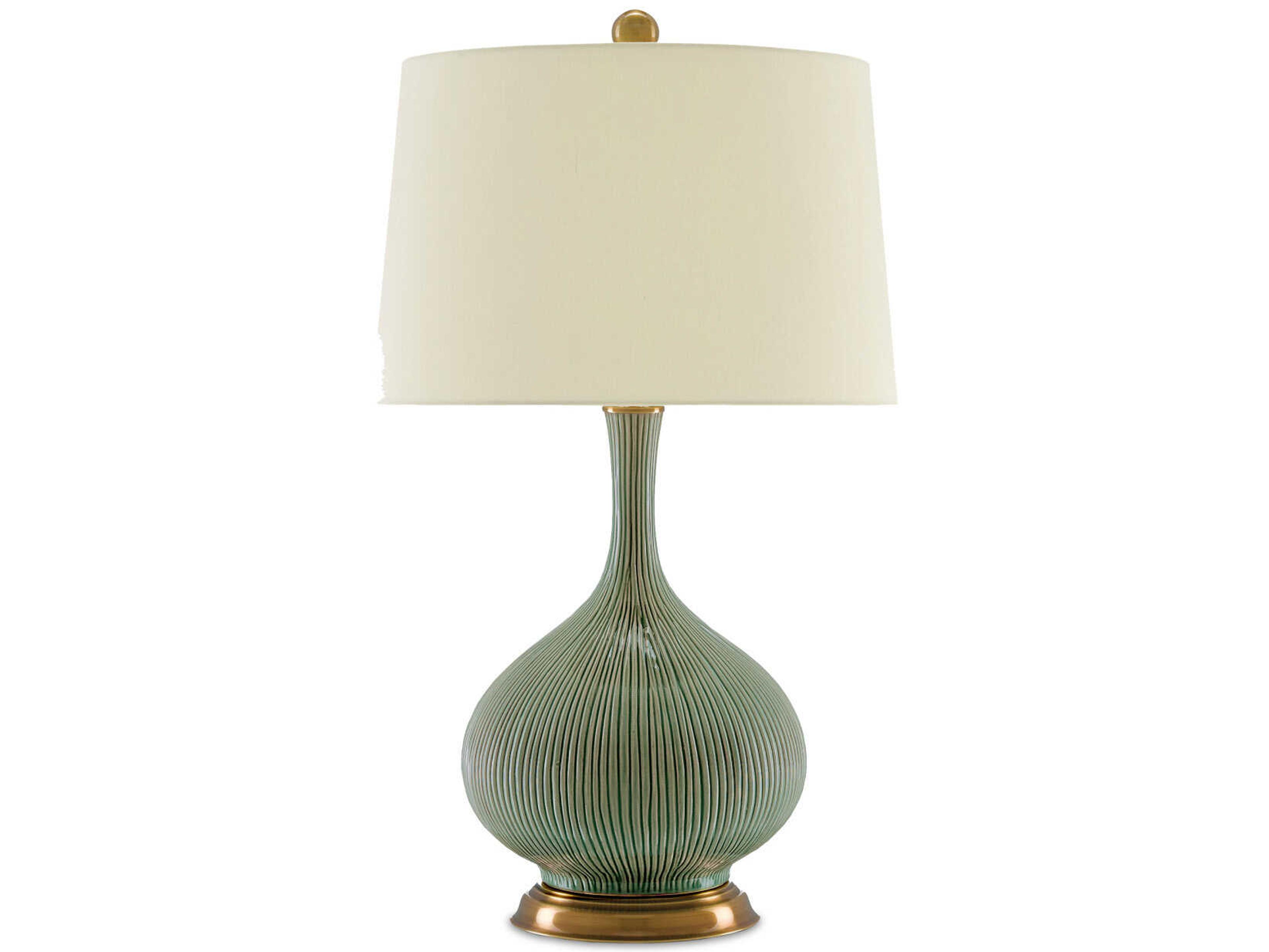 Currey & Company Cait Grass Green Antique Brass Tan Sand Linen Buffet Lamp
