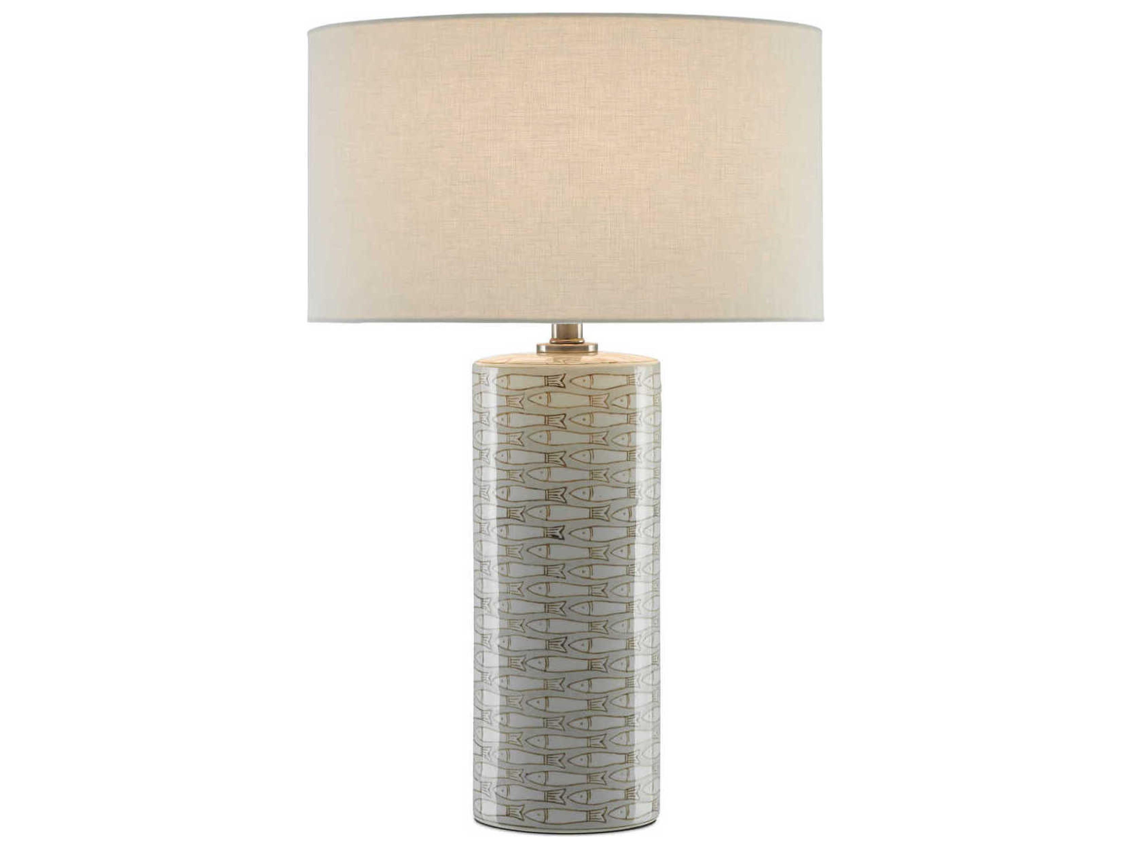 Currey & Company Fisch Gray White Antique Nickel Off Linen Buffet Lamp