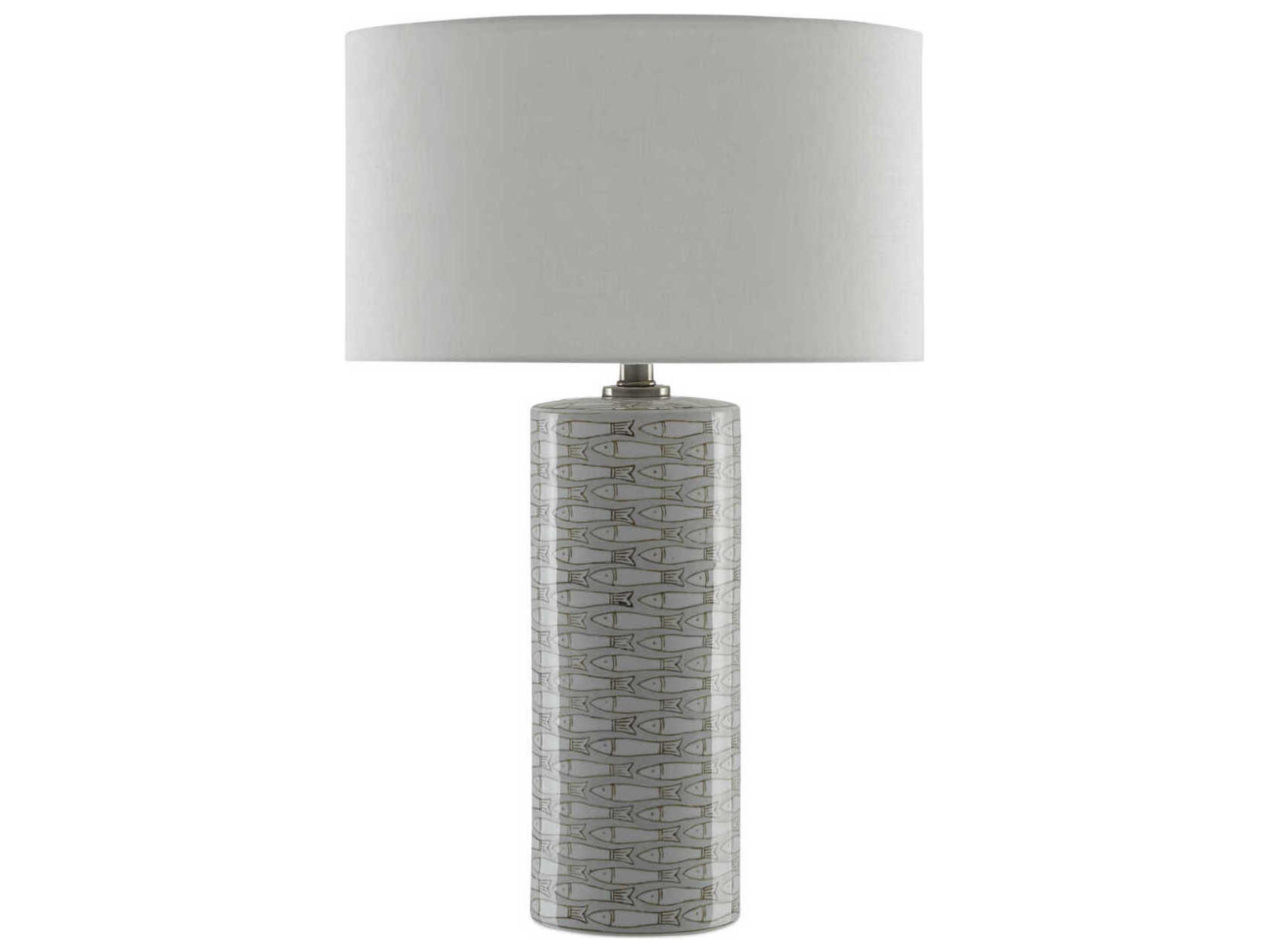 Currey & Company Fisch Gray White Antique Nickel Off Linen Buffet Lamp