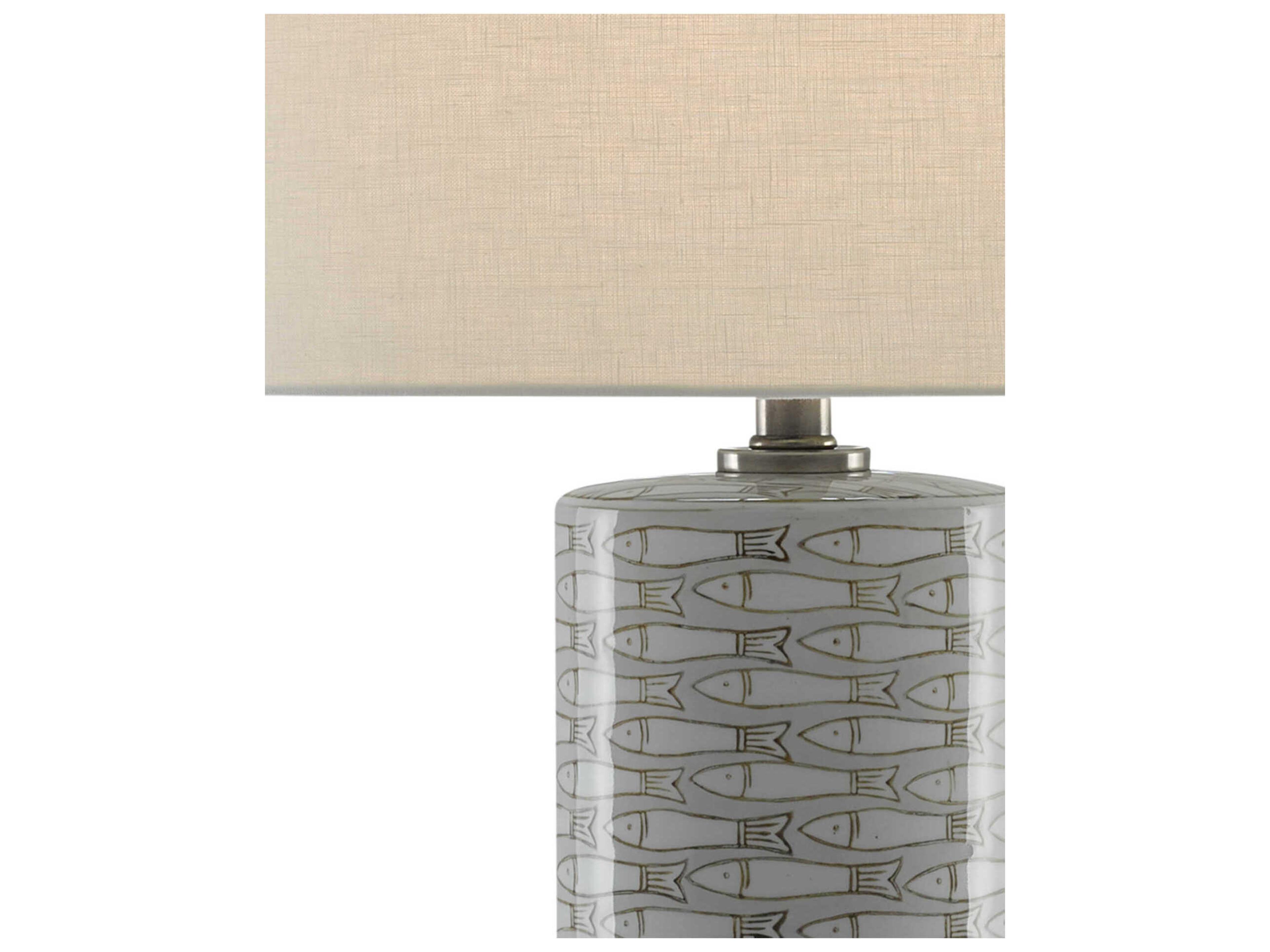 Currey & Company Fisch Gray White Antique Nickel Off Linen Buffet Lamp