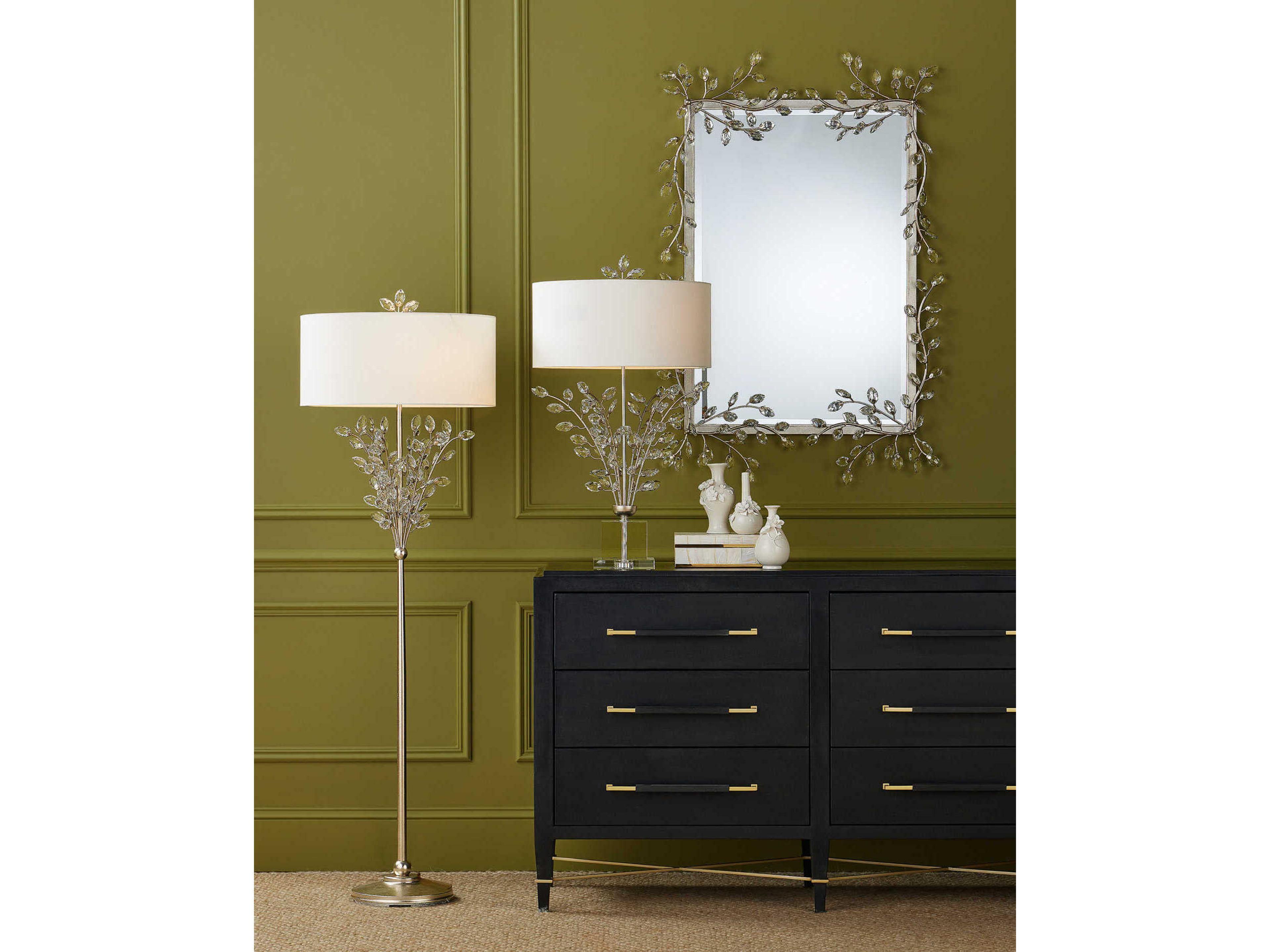 Currey & Company Forget-Me-Not Silver Leaf Clear Crystal Buffet Lamp