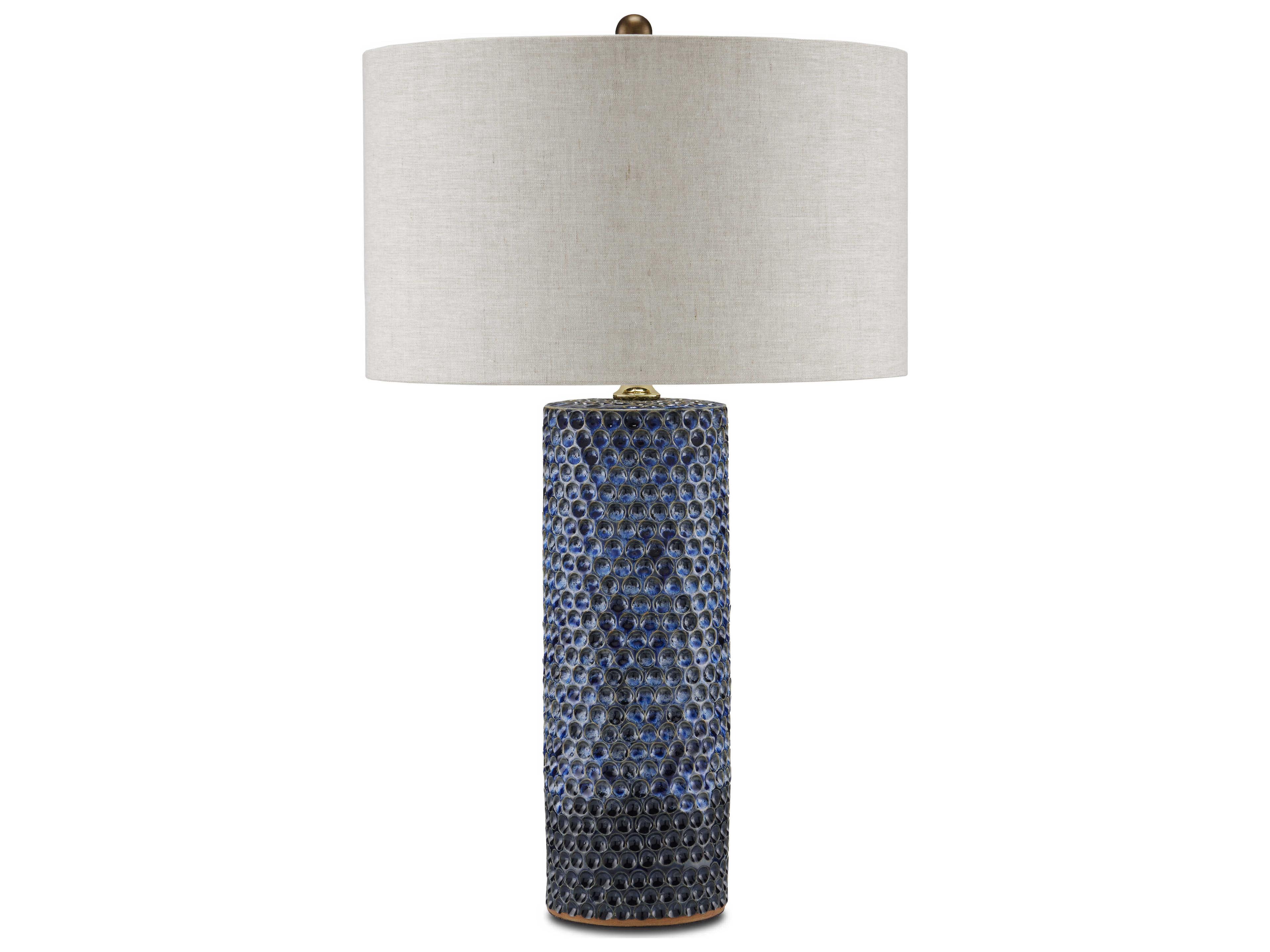 Currey & Company Polka Dot Reactive Blue Polished Brass Natural Linen Buffet Lamp