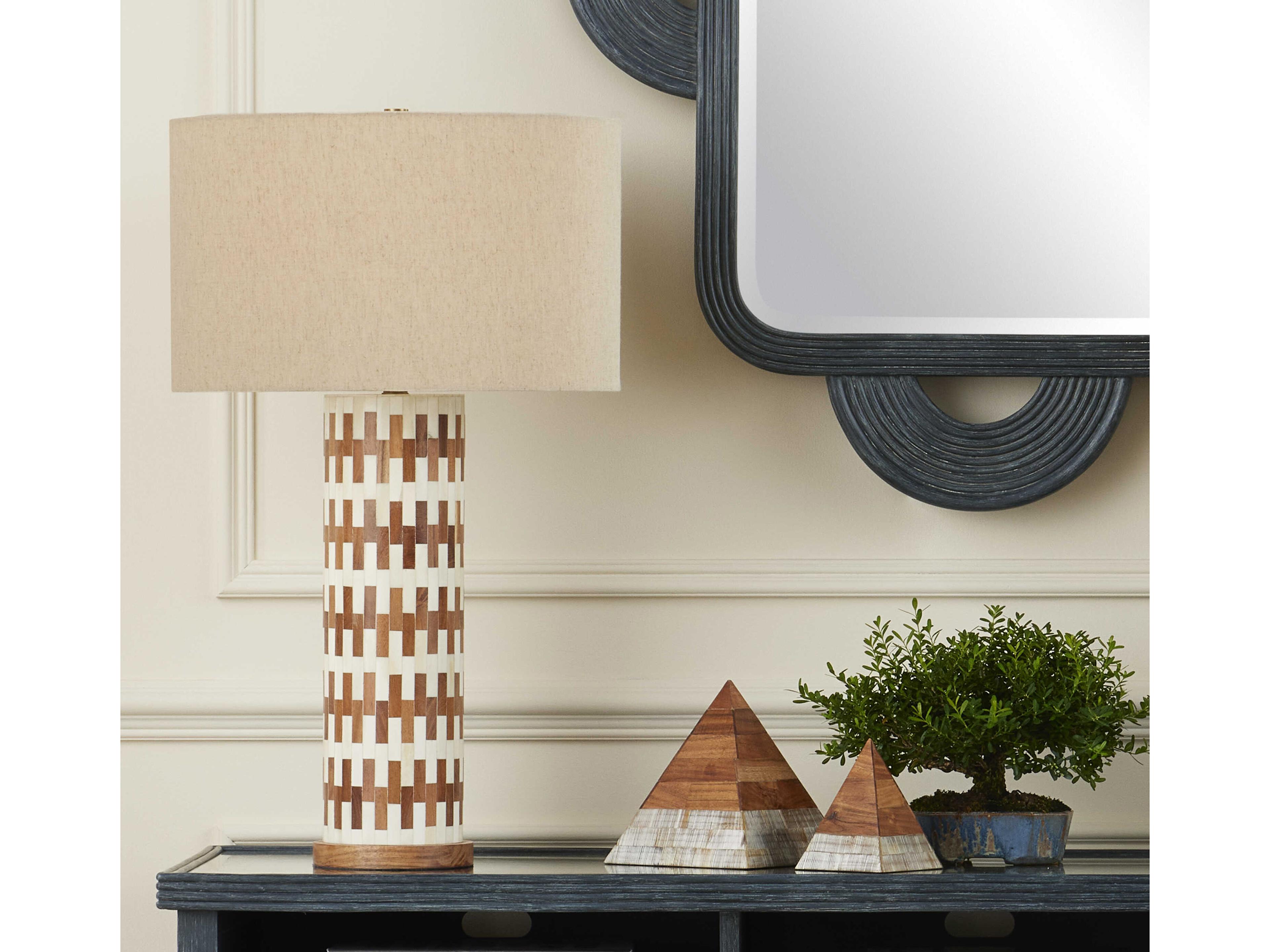 Currey & Company Tia 1-Light White natural antique Brass Natural Linen Brown Table Lamp