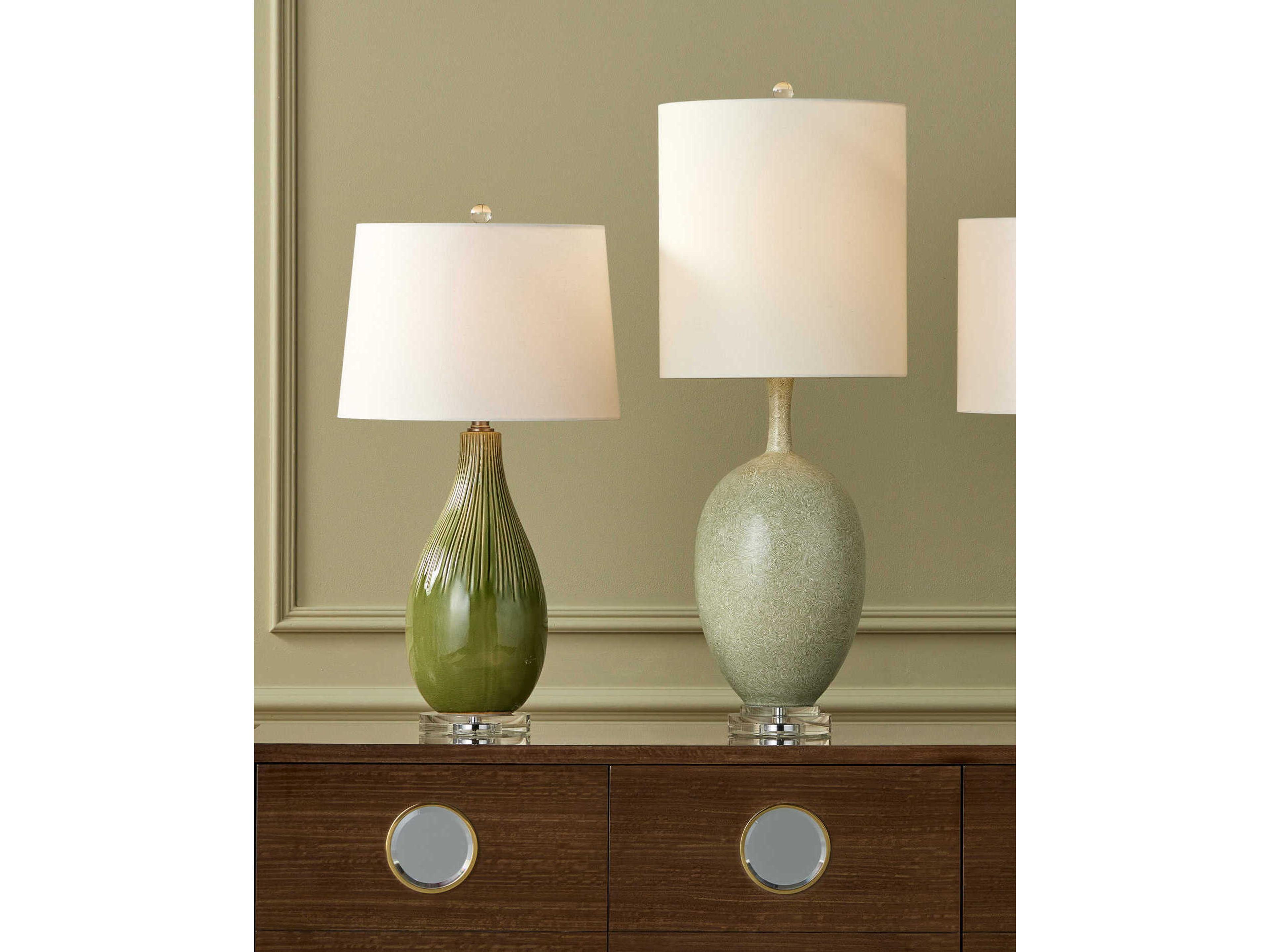 Currey & Company Verdure Green Satin Nickel Light Beige Linen Buffet Lamp