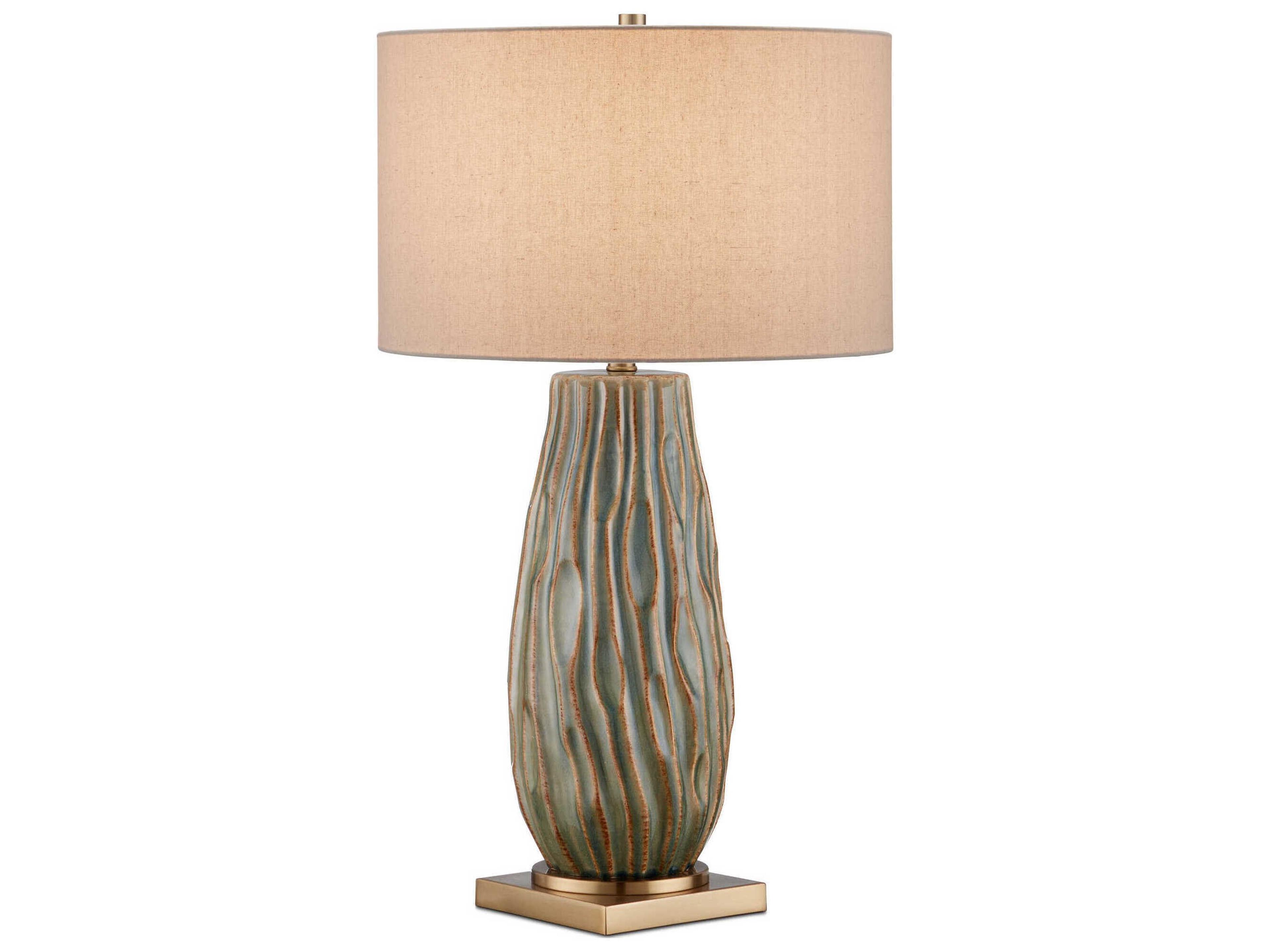 Currey & Company Water-borne Forest Reactive Antique Brass Natural Linen Green Buffet Lamp
