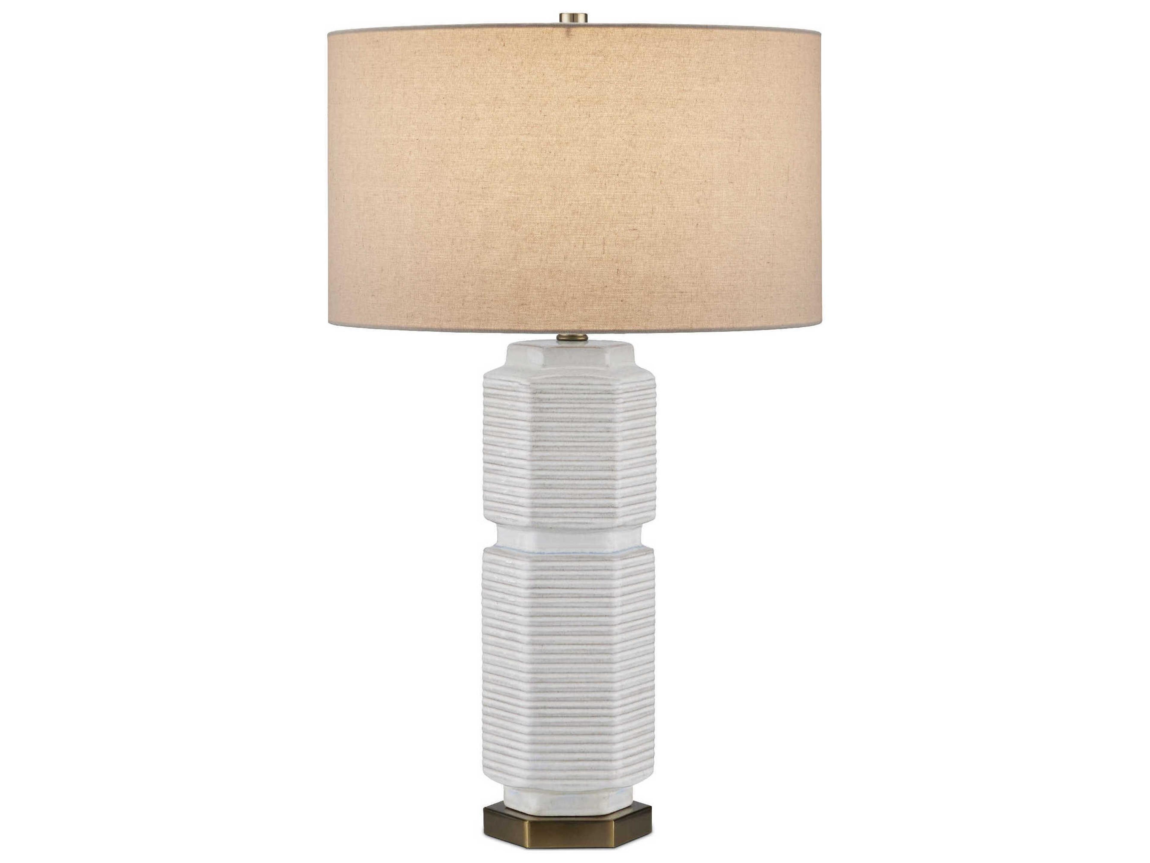 Currey & Company Glebe White Beige Blue Antique Brass Natural Linen Buffet Lamp